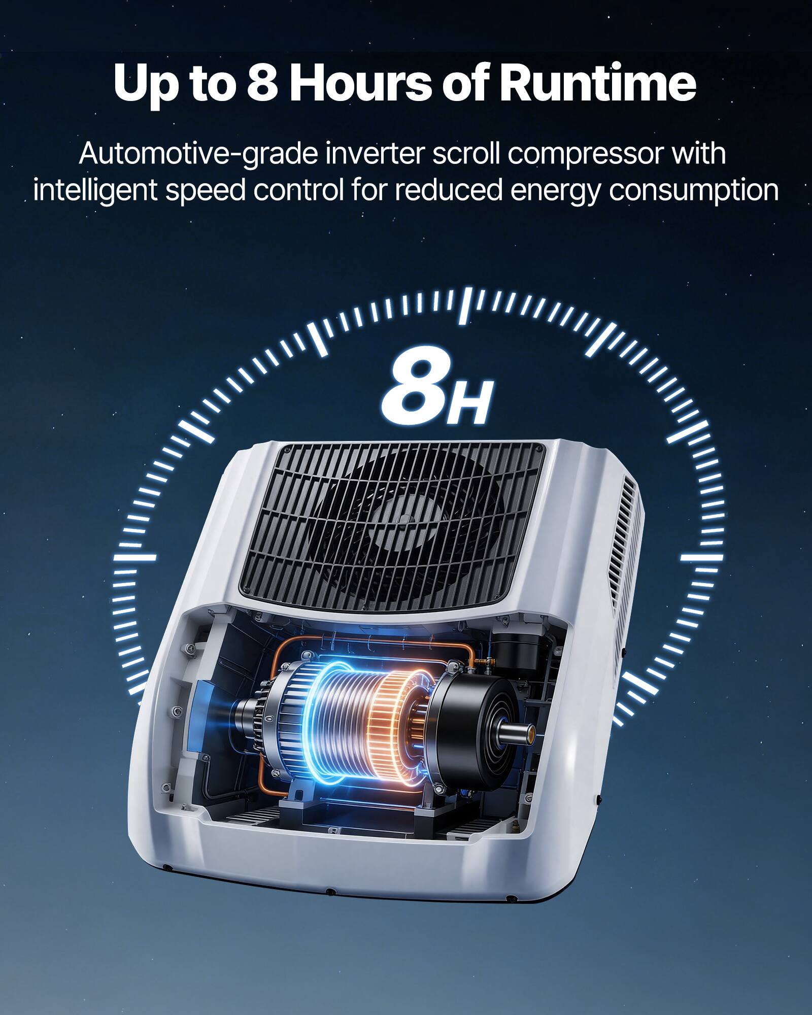 Up to 8 Hours of Runtime

Automotive-grade inverter scroll compressor with intelligent speed control for reduced energy consumption

8H