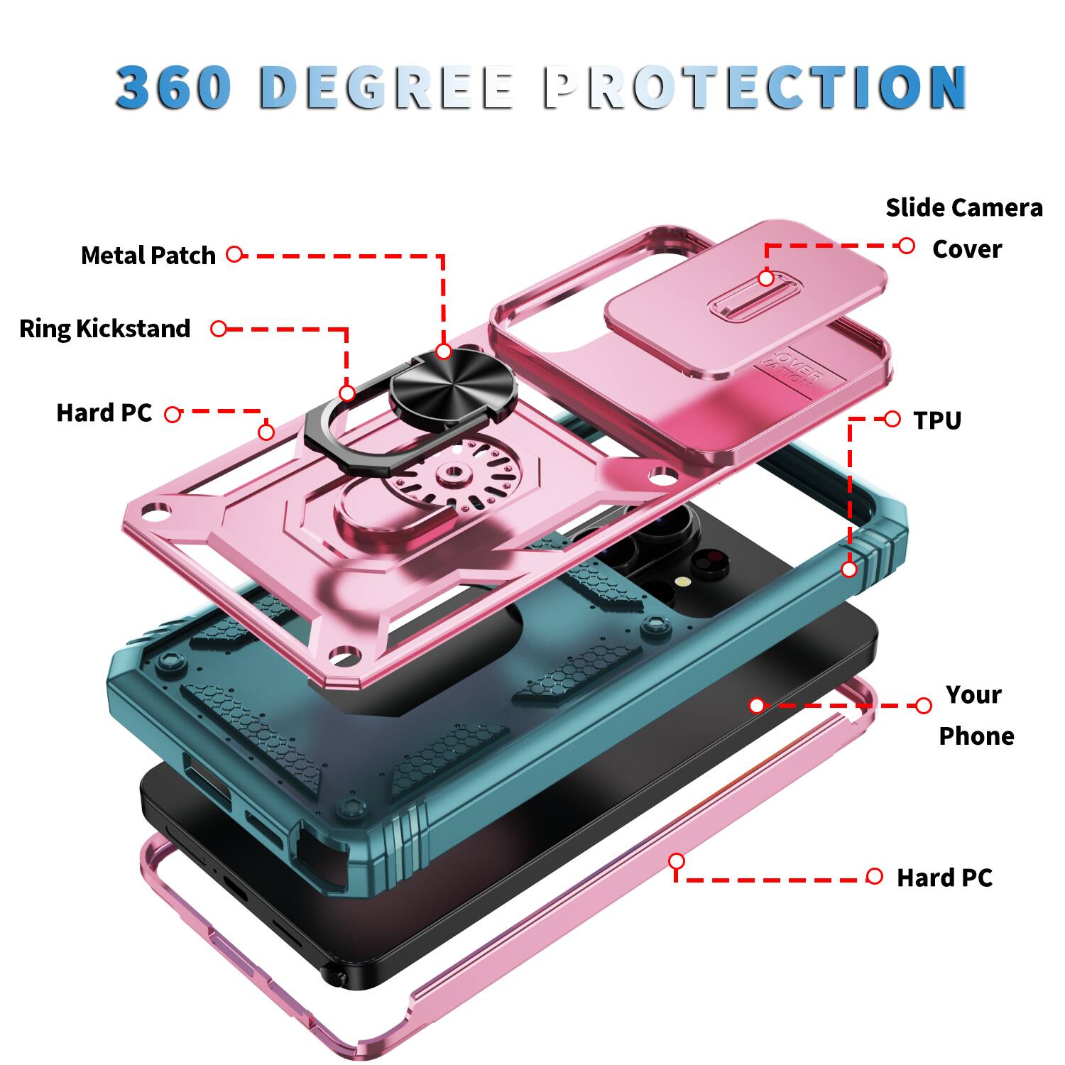 360 Degree Protection Slide Camera Metal Patch Cover Ring Kickstand Hard PC A0 TPU Your Phone Hard PC