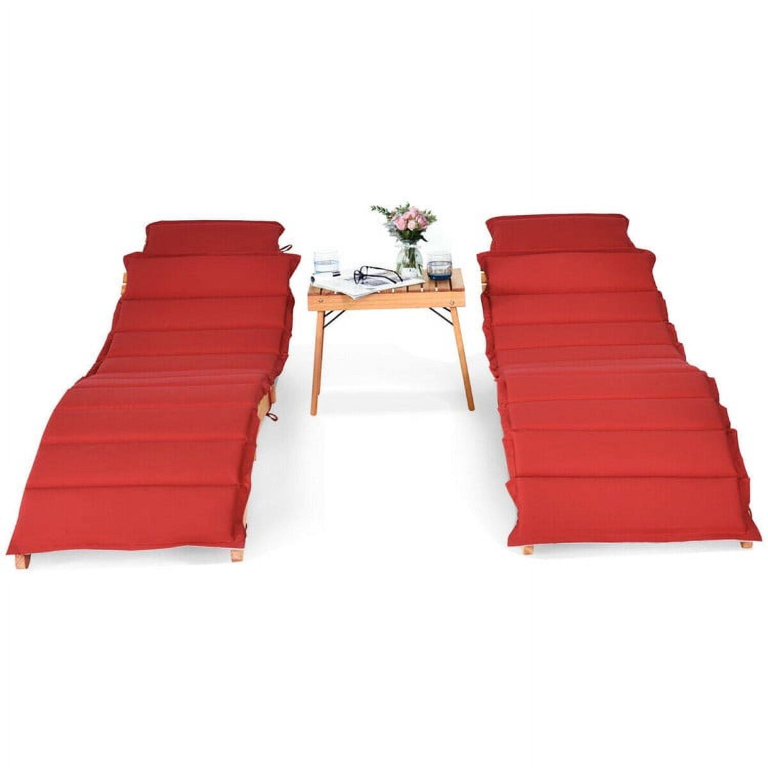 Left. Pefilos - 3 Pieces Folding Patio Eucalyptus Acacia Wood Lounge Chair Set with Foldable Side Table, Outdoor Chaise Lounge Set - Red.