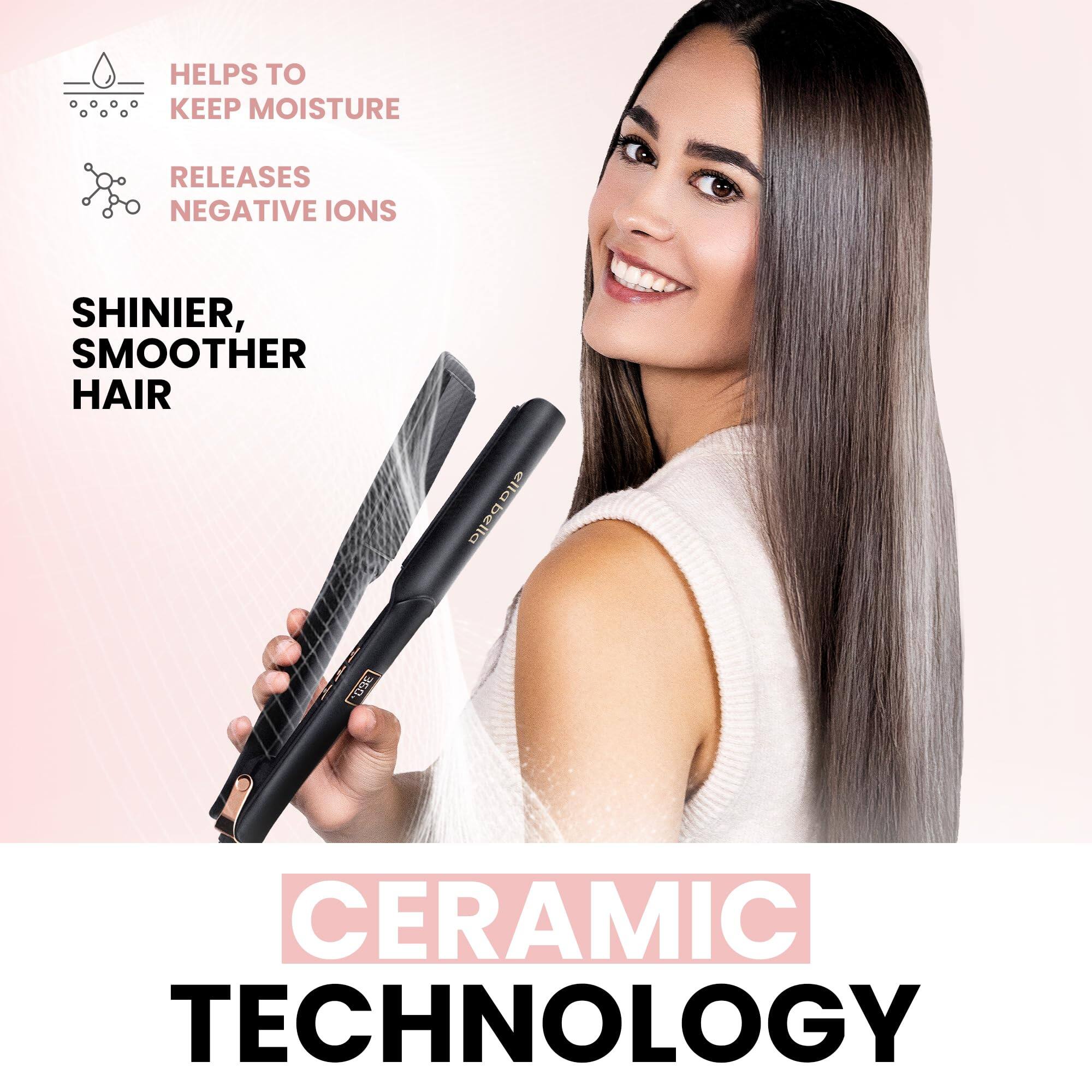 HELPS TO KEEP MOISTURE  
RELEASES NEGATIVE IONS  

SHINIER, SMOOTHER HAIR  

CERAMIC TECHNOLOGY
