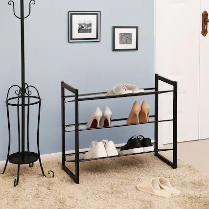 Front. Songmics Home - Shoe Rack, 3-Tier Shoe Organizer, Metal Shoe Storage for Garage, Stackable Shoe Shelf - Ink Black.