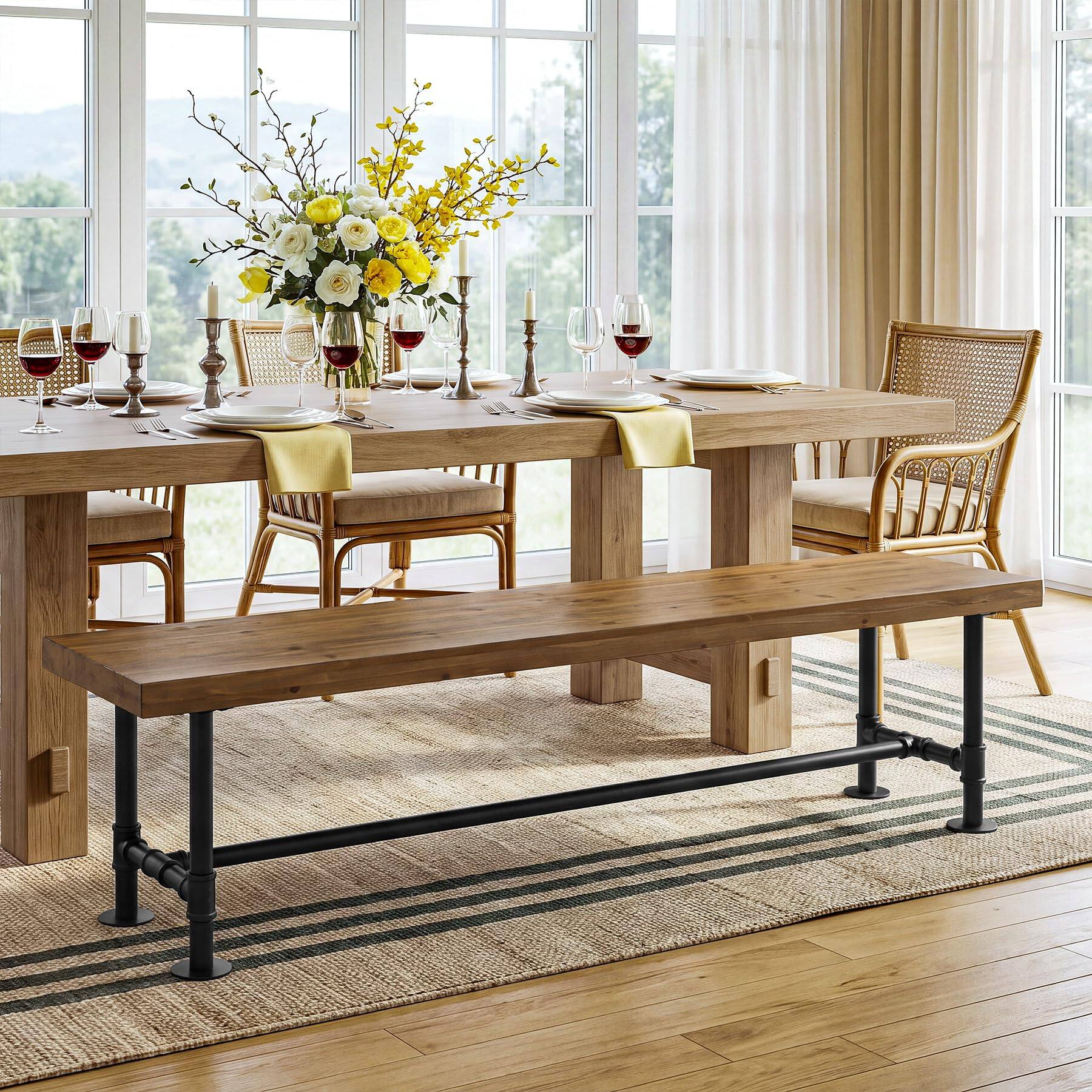 Left. Tribesigns - 71-Inch Extra Long Solid Wood Dining Bench, Industrial Wood Bench - Brown and Black.