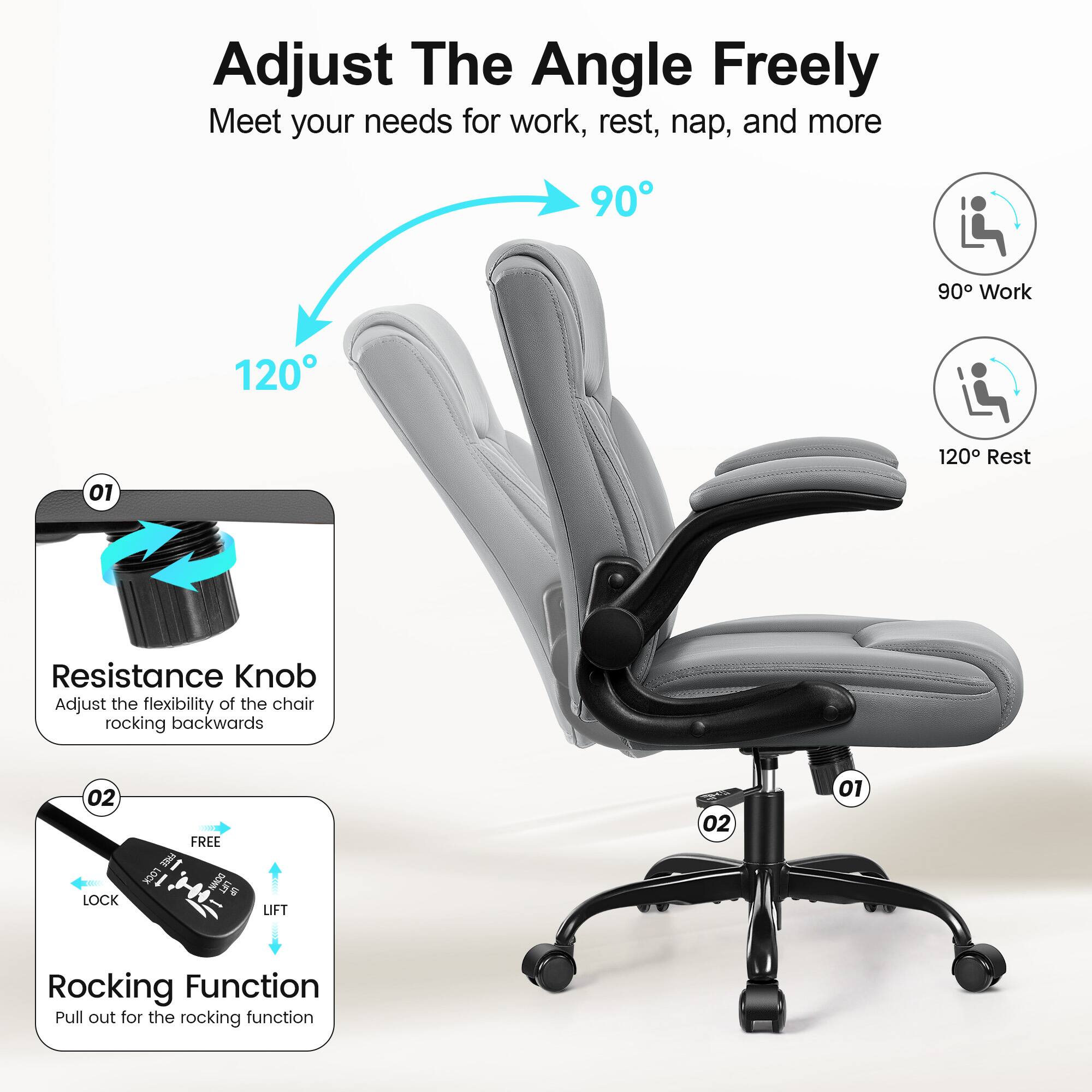 Adjust The Angle Freely  
Meet your needs for work, rest, nap, and more

90° Work  
120° Rest

01 Resistance Knob  
Adjust the flexibility of the chair rocking backwards

02 Rocking Function  
Pull out for the rocking function