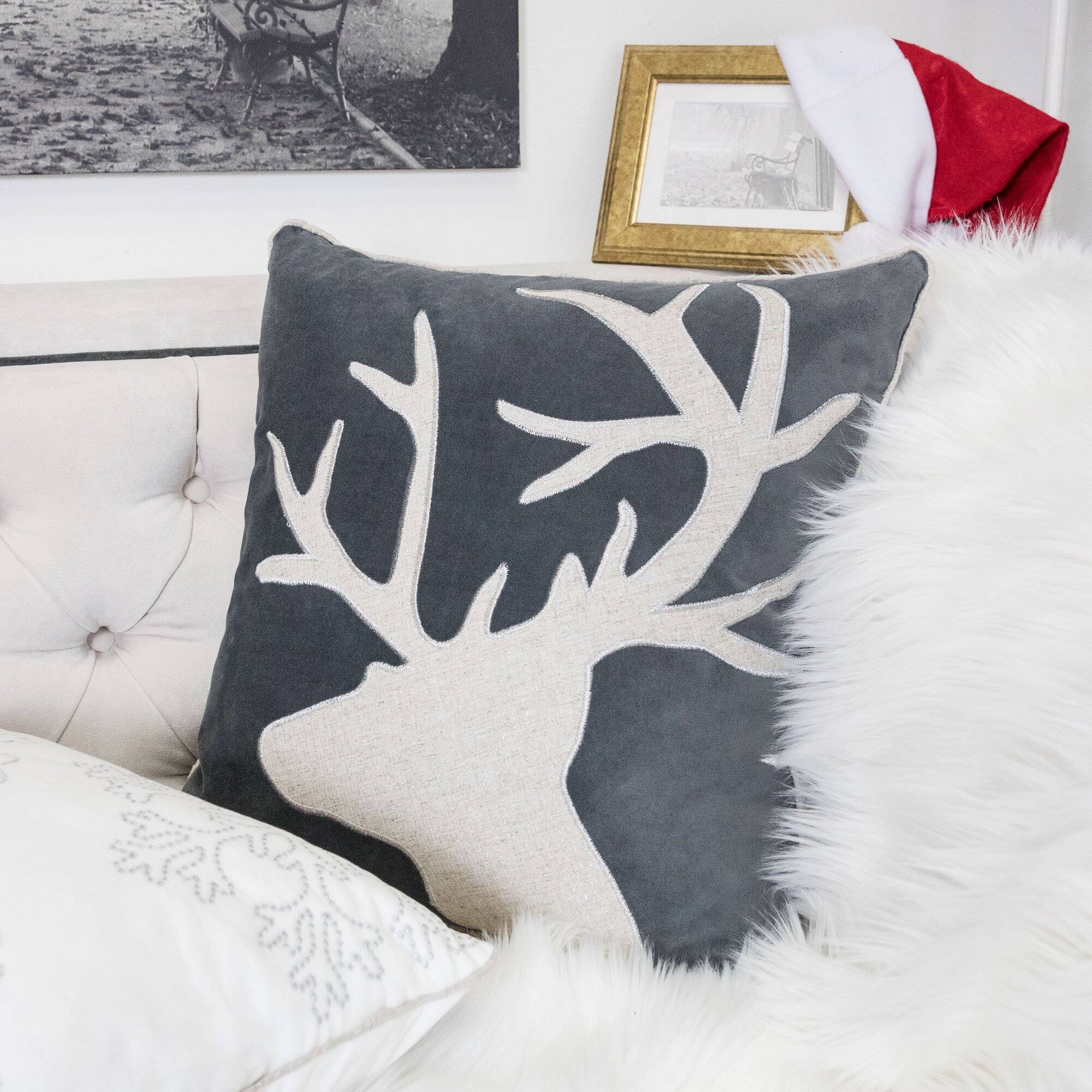 Back. LuXeo - Holiday Reindeer Shiny Linen Square Velvet Pillow Cover and Insert - GRAY.