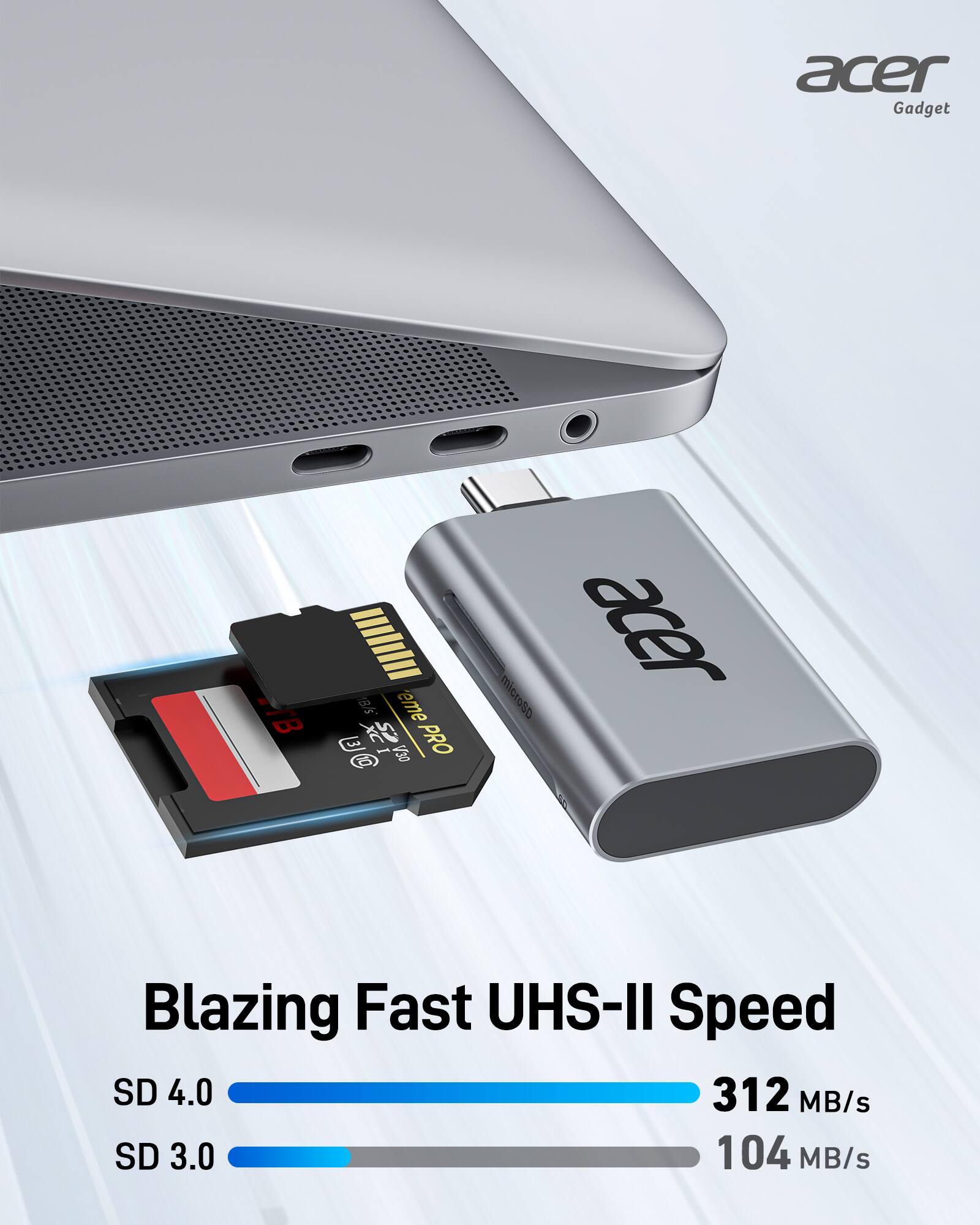 Acer Gadget III B 8/5 eme S  
I Vso PRO G microSD  
Acer Blazing Fast UHS-II Speed  
SD 4.0 312 MB/s  
SD 3.0 104 MB/s