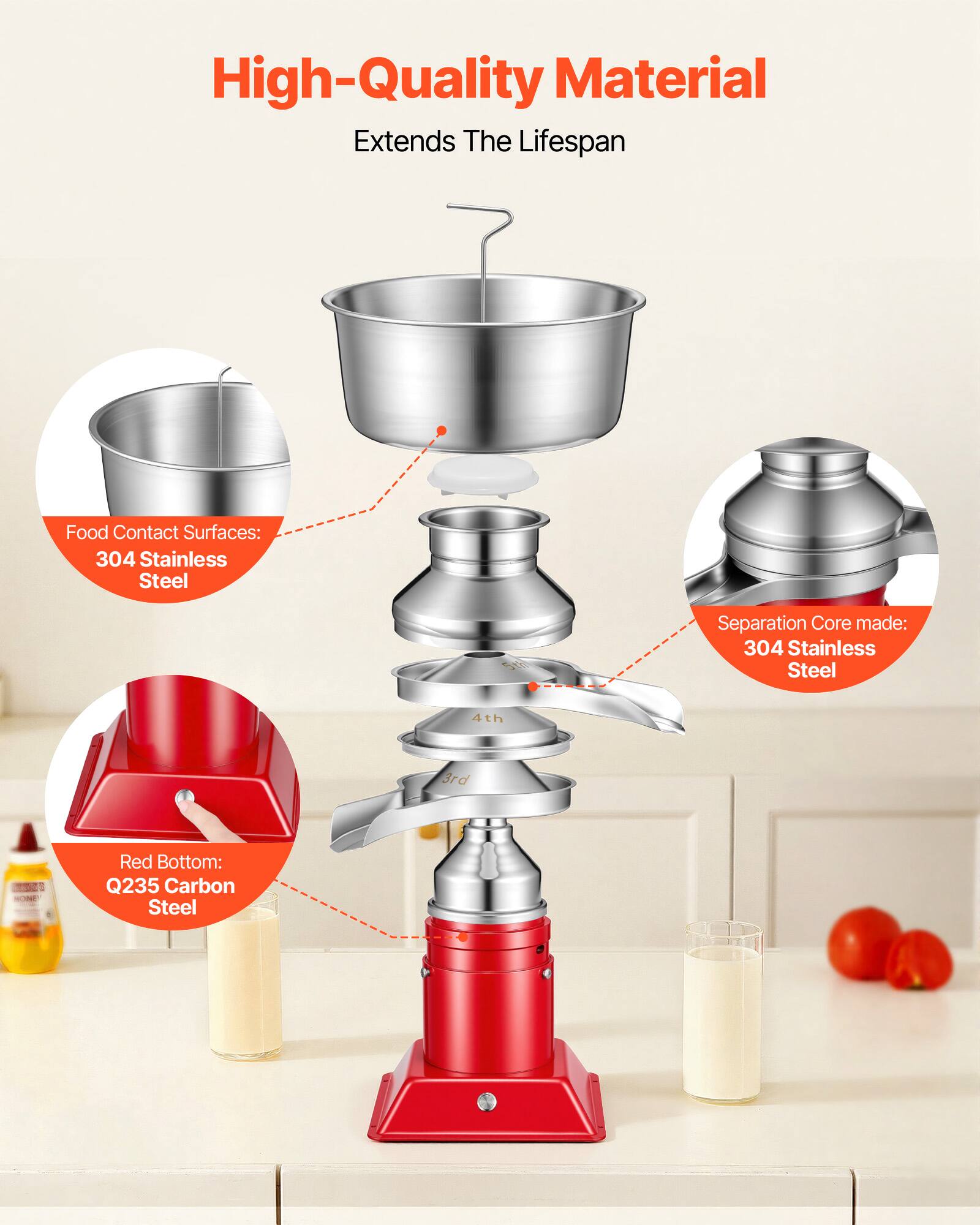 High-Quality Material Extends The Lifespan

Food Contact Surfaces: 304 Stainless Steel

Separation Core made: 304 Stainless Steel

Red Bottom: Q235 Carbon Steel
