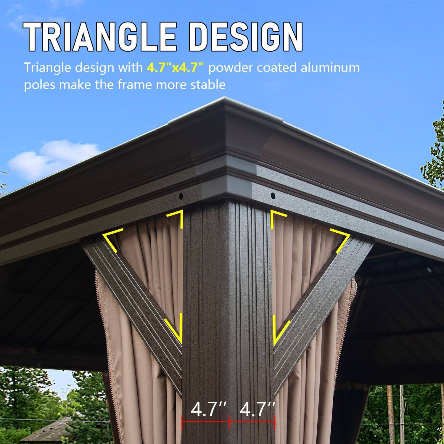 TRIANGLE DESIGN

Triangle design with 4.7"x4.7" powder coated aluminum poles make the frame more stable