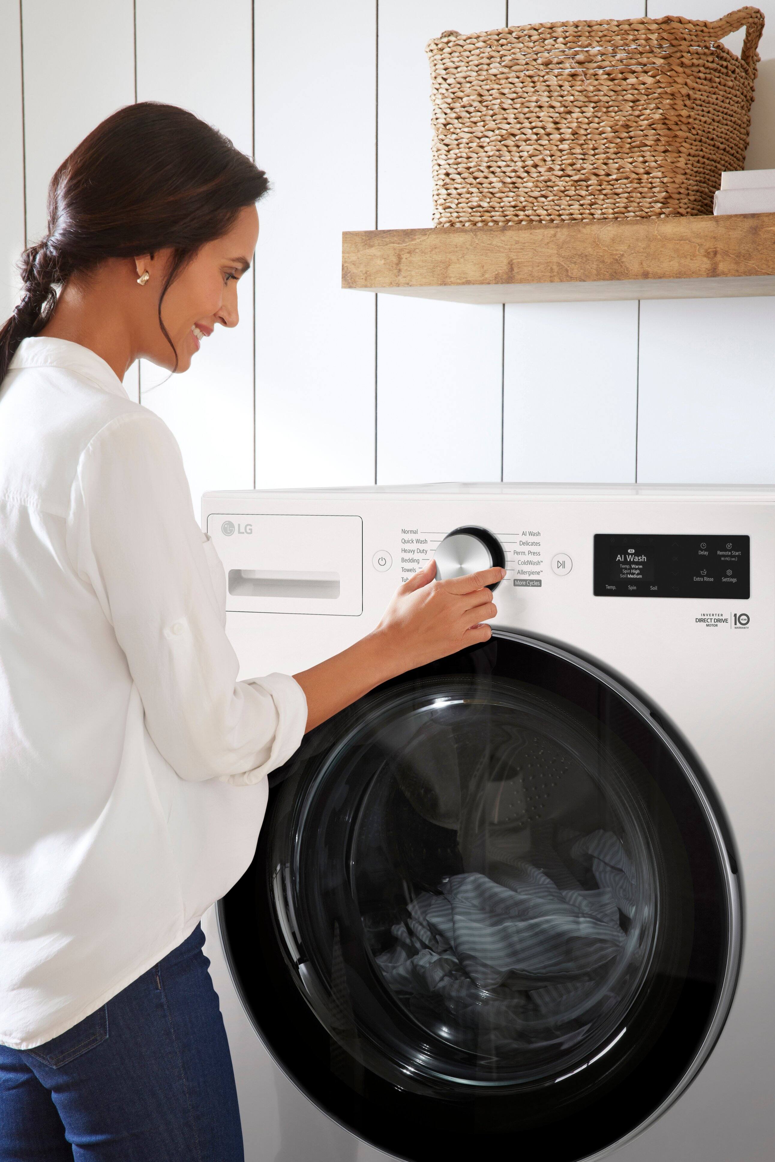 LG Smart Diagnosis

AI Wash
- Delicates
- ColdWash™
- Allergiene™
- Cotton
- Heavy Duty
- Bedding
- Towels
- Sanitize
- More Cycles

Normal
Quick Wash
Heavy Duty
Bedding
Towels
More Cycles

AI Wash
- Delicates
- ColdWash™
- Allergiene™
- Cotton
- Heavy Duty
- Bedding
- Towels
- Sanitize
- More Cycles

Inverter Direct Drive 10