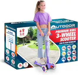 Outdoor Cruiser - 3-Wheel Scooter – LED Wheels, 4-Level Adjustable Handle, for Kids Ages 3-8 - Purple