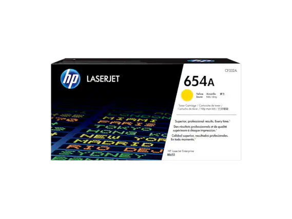 **HP LaserJet 654A**
- **CF332A**
- **Yellow / Jaune / Amarillo / Mauve vang**
**Toner Cartridge / Cartouche de toner / Cartucho de toner / Hop muc bt / 打印墨粉**
**Superior, professional results. Every time.**
**Des résultats professionnels et de qualité supérieure à chaque impression.**
**Calidad superior, resultados profesionales.**
**En todo momento.**
**HP LaserJet Enterprise M651**