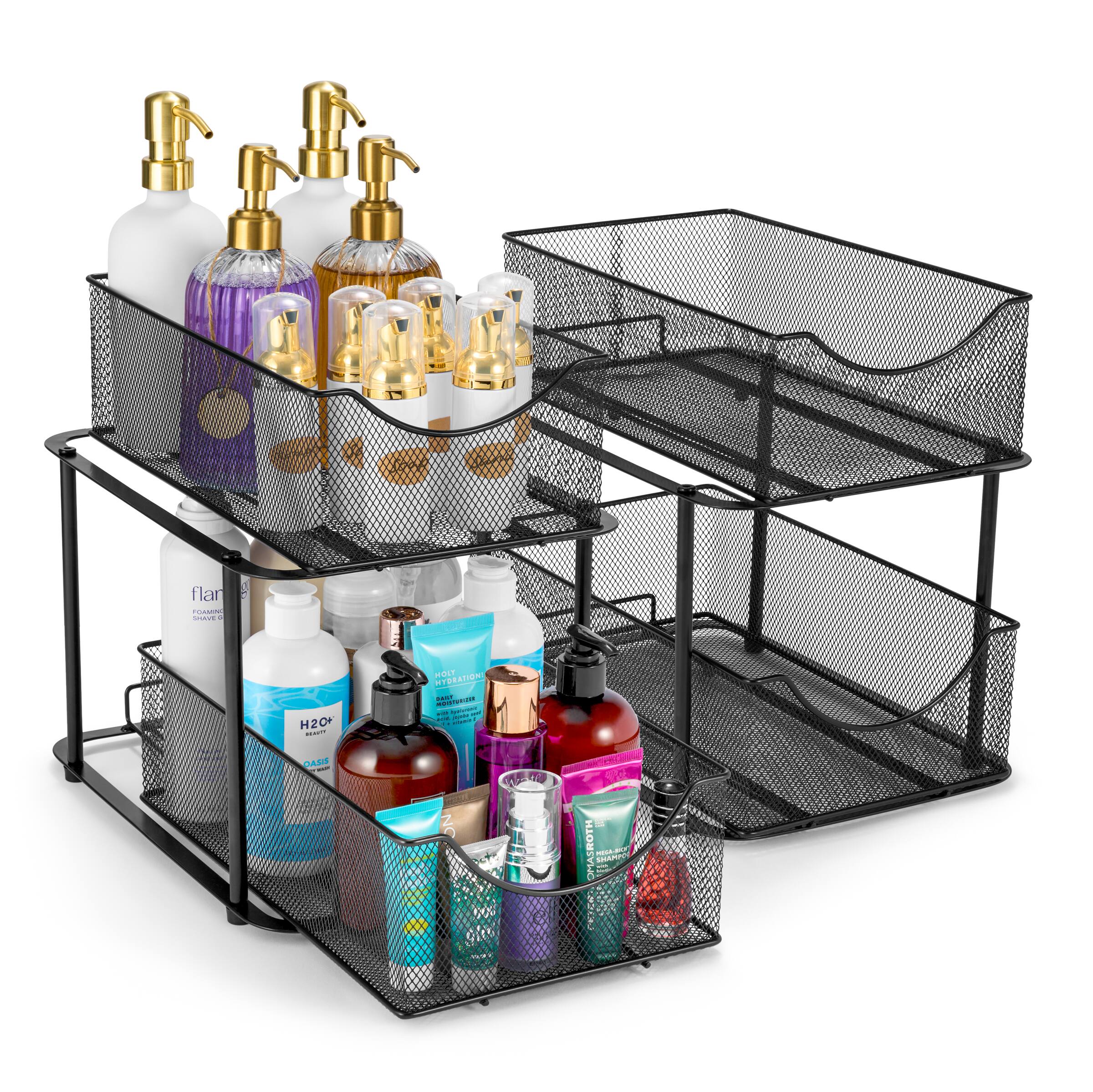Sorbus - 2 Pack 2 Tier Baskets with Mesh Sliding Drawers - Ideal Cabinet, Under the Sink, etc - Great for Bathroom - Black