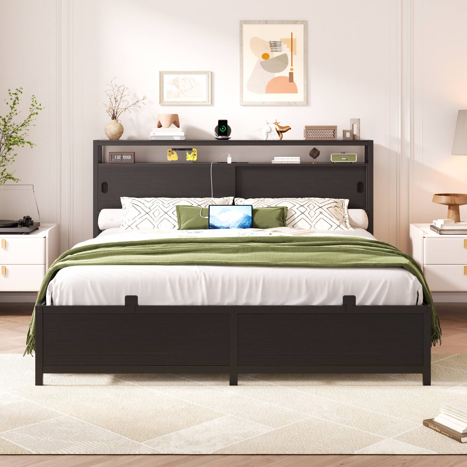 Alt View 3. Aheaplus - Full Size Sturdy Bed Frame with Sliding Doors Headboard, Platform Bed Frame with Power Outlet & LED Light - Black.