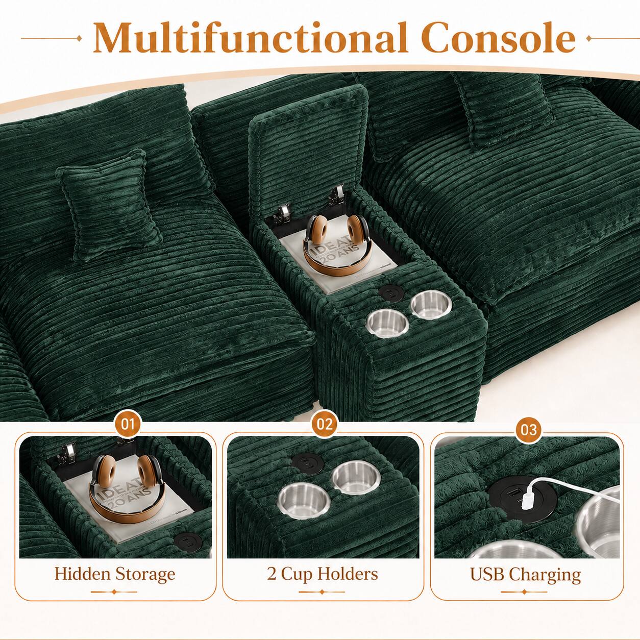 Multifunctional Console

IDEAT ANS 20 01 02 03 IDEAT 20 ANS

Hidden Storage
2 Cup Holders
USB Charging