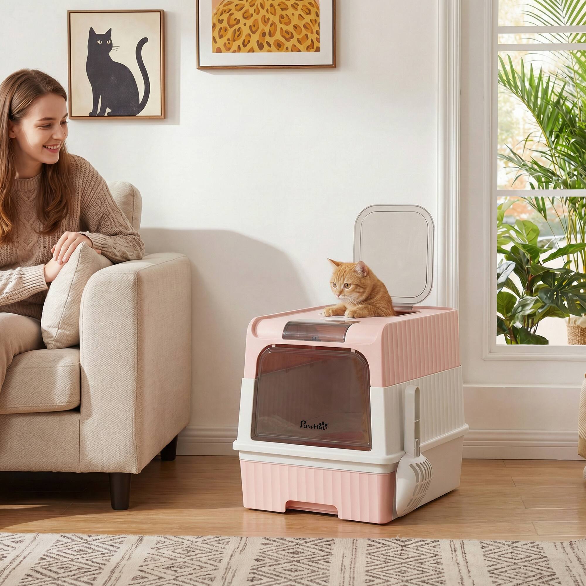 Alt View 1. Pawhut - Litter Box Hooded Cat Litter Tray with Drawer Pan Front Entry & Top Exit Easy Cleaning - Pink.