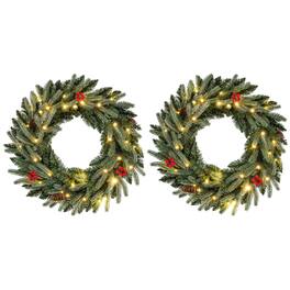 Gymax - 2PCS 24'' Pre-lit Christmas Wreath Front Door Artificial Xmas Wreath w/Red Berries - Green