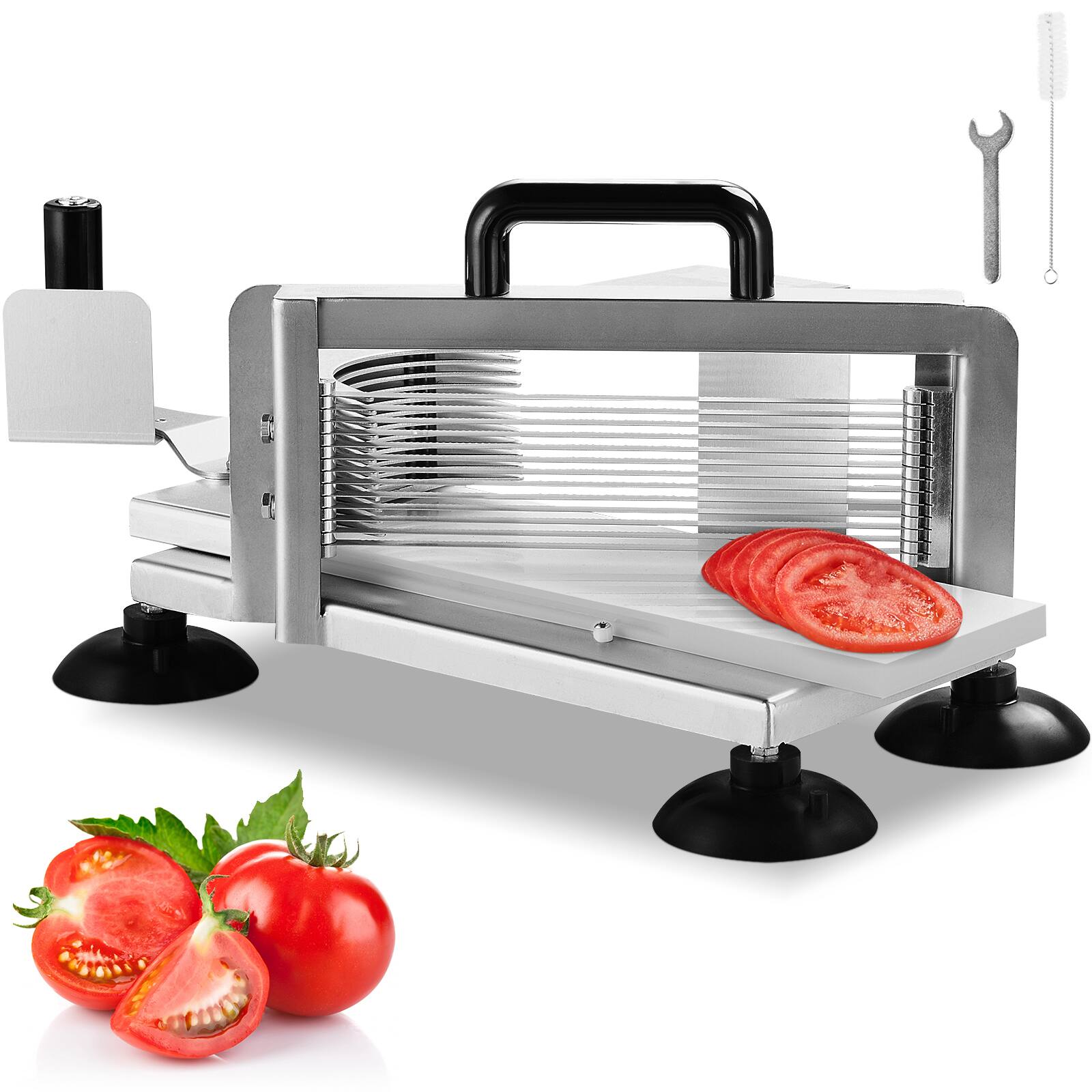 Front. VEVOR - Commercial Tomato Slicer, 3/16 inch Tomato Cutter Slicer, Stainless Steel Heavy Duty Tomato Slicer Machine - Stainless steel color.