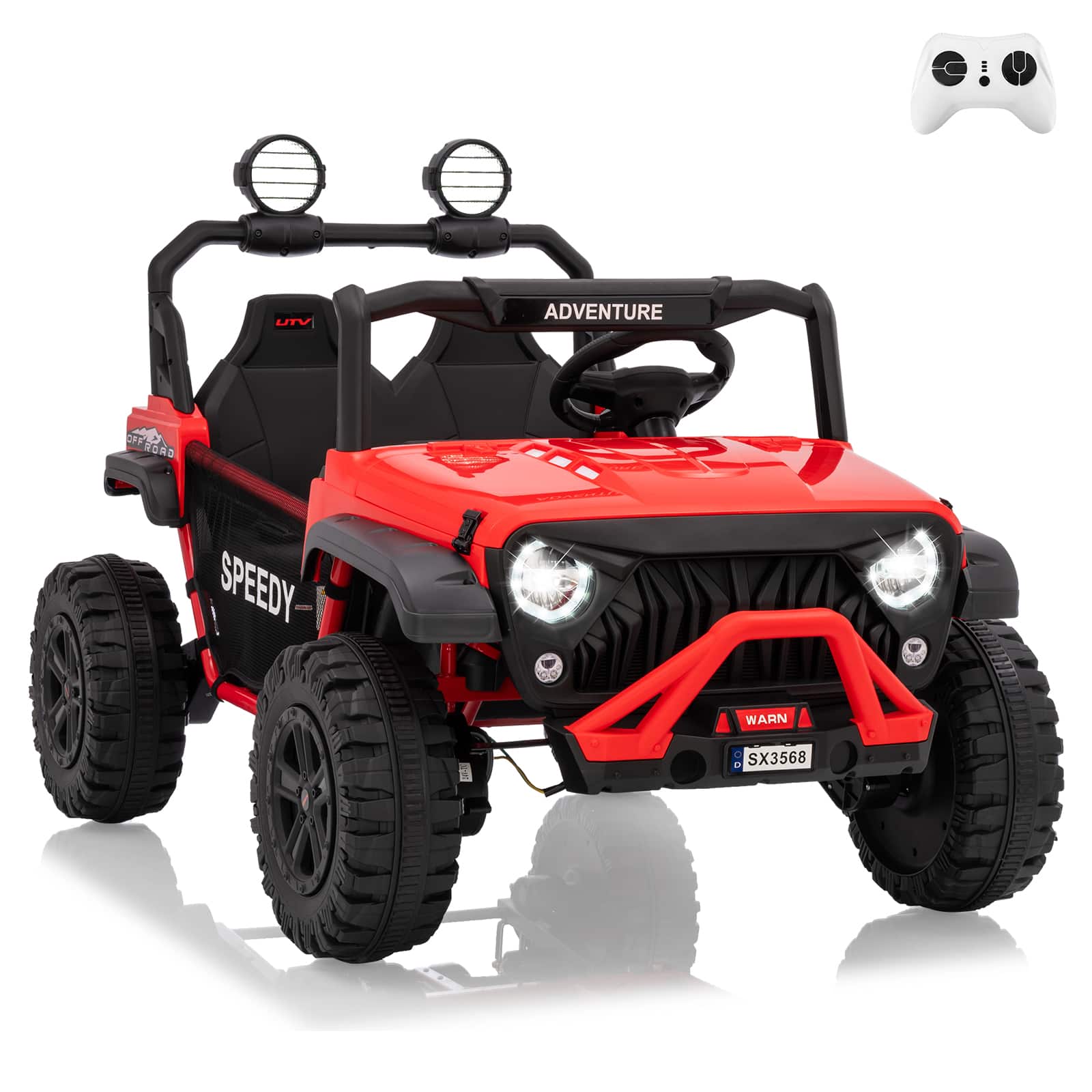 GARVEE - 24V 2-Seater Kids Ride-On UTV Truck, 4WD Electric Car w/Remote, Suspension, LED Lights & Music - Red