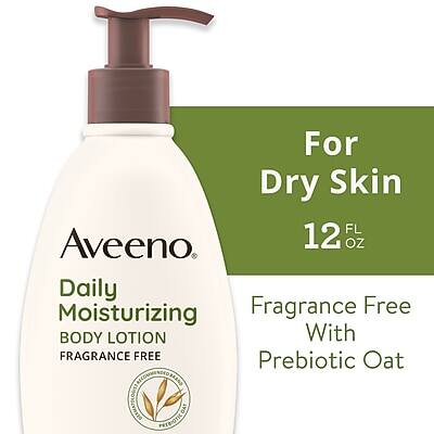 For Dry Skin  
12 FL OZ  

Aveeno  
Daily Moisturizing Body Lotion  
Fragrance Free  

Fragrance Free With Prebiotic Oat