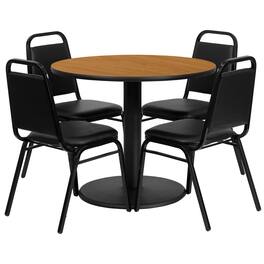 Flash Furniture - Jamie 36'' Round Natural Laminate Table Set with Round Base and 4 Trapezoidal Back Banquet Chairs - Black