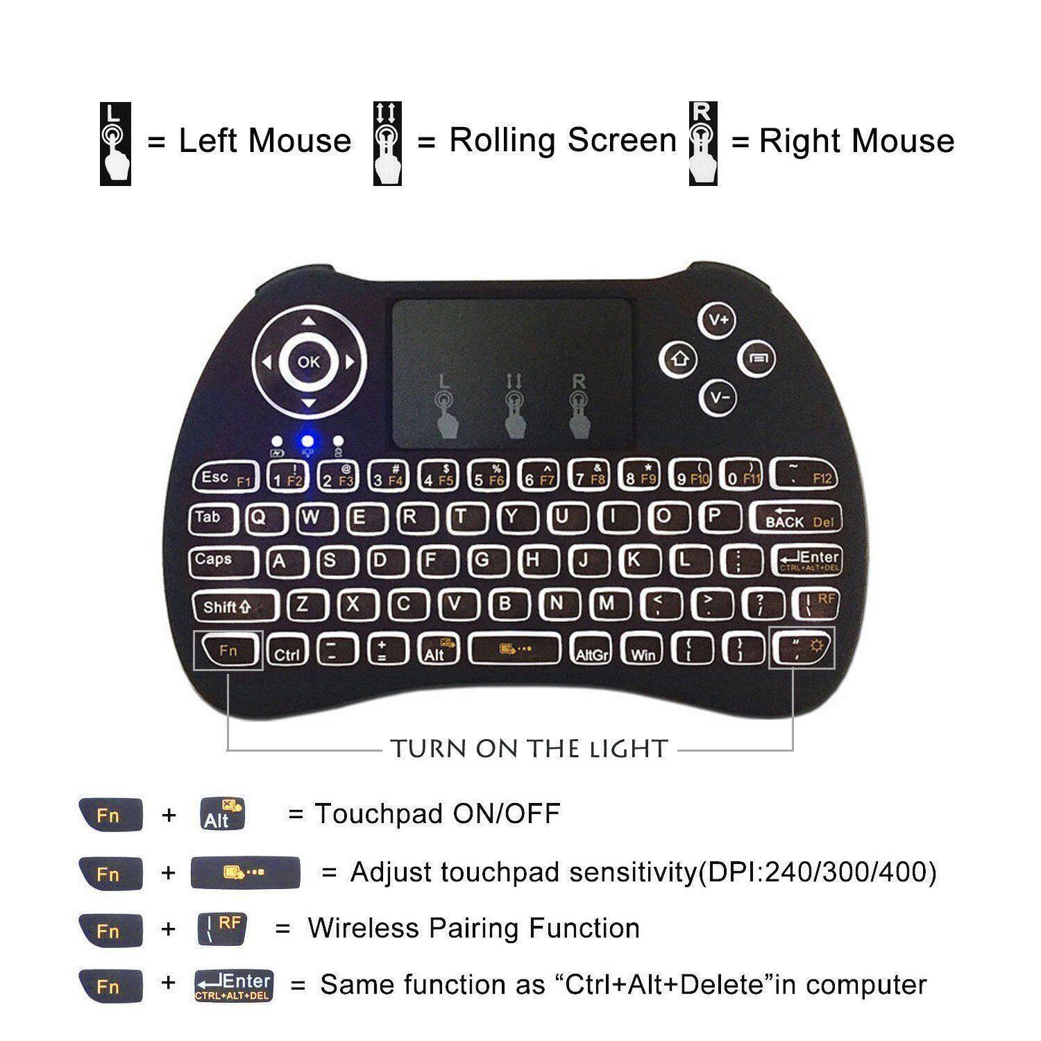 L = Left Mouse  
R = Right Mouse  
V+ = Rolling Screen  

OK  
Esc F1  
1 F2  
2 F3  
3 F4  
4 F5  
5 F6  
6 F7  
7 F8  
8 F9  
9 F10  
0 F11  
F12  
Tab  
Q  
W  
E  
R  
T  
Y  
U  
I  
O  
P  
BACK Del  
Caps  
A  
S  
D  
F  
G  
H  
J  
K  
L  
Enter TRL-ALT-DEL  
Shift  
Z  
X  
C  
V  
B  
N  
M  
>  
RF  
Fn  
Ctrl  
+  
Alt  
AltGr  
Win  

TURN ON THE LIGHT  
Fn + Alt = Touchpad ON/OFF  
Fn + ## = Adjust touchpad sensitivity (DPI: 240/300/400)  
Fn + RF = Wireless Pairing Function  
Fn + JEnter = Same function as "Ctrl+Alt+Delete" in computer
