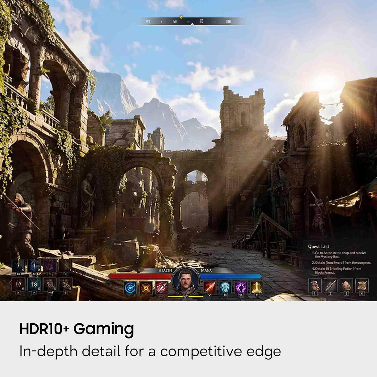 LAV - 4N E SIE 7 de e e HEALTH MANA Quest List 1.00 to Aaron a the shop and receive the Mystery Box 2 Obtain [ron Sword fom the dungeon a Obtain 15 Ditealing Potion] from Uysia Forest 10 x 18 . 26 & 26 a I 2 .. 4 HDR10+ Gaming In-depth detail for a competitive edge