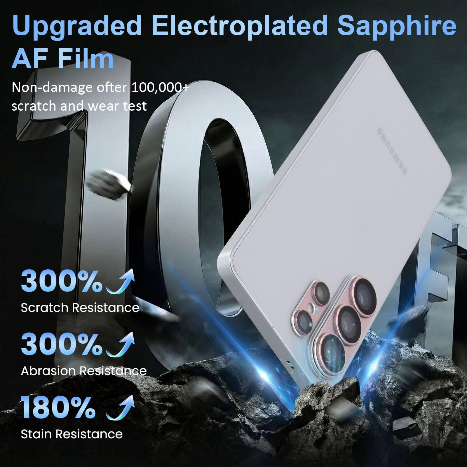 Upgraded Electroplated Sapphire AF Film  
Non-damage after 100,000+ scratch and wear test  
SAMSUNG  
300% Scratch Resistance  
300% Abrasion Resistance  
180% Stain Resistance