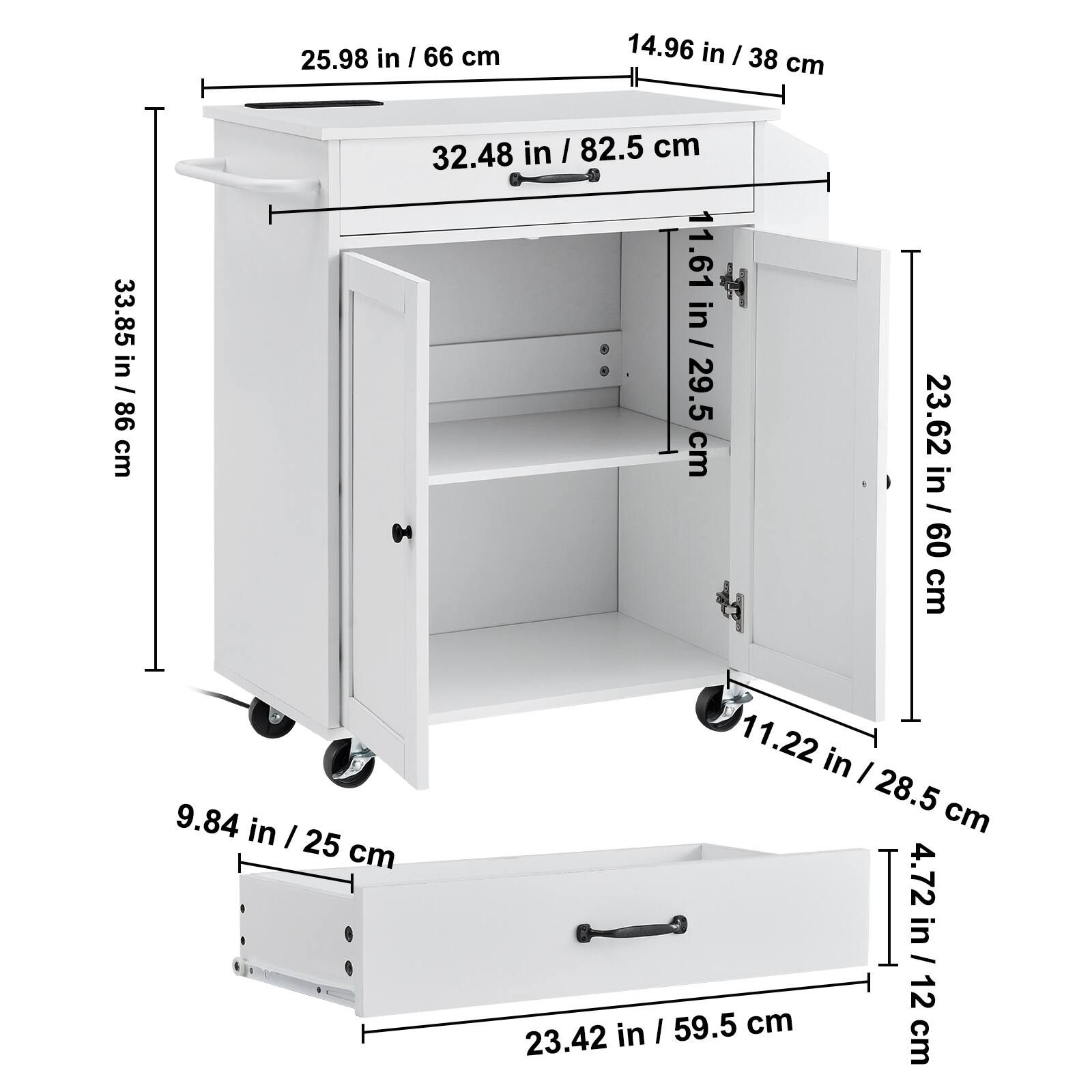 25.98 in / 66 cm, 14.96 in / 38 cm, 33.85 in / 86 cm, 32.48 in / 82.5 cm, 11.61 in / 29.5 cm, 23.62 in / 60 cm, 9.84 in / 25 cm, 11.22 in / 28.5 cm, 4.72 in / 12 cm, 23.42 in / 59.5 cm