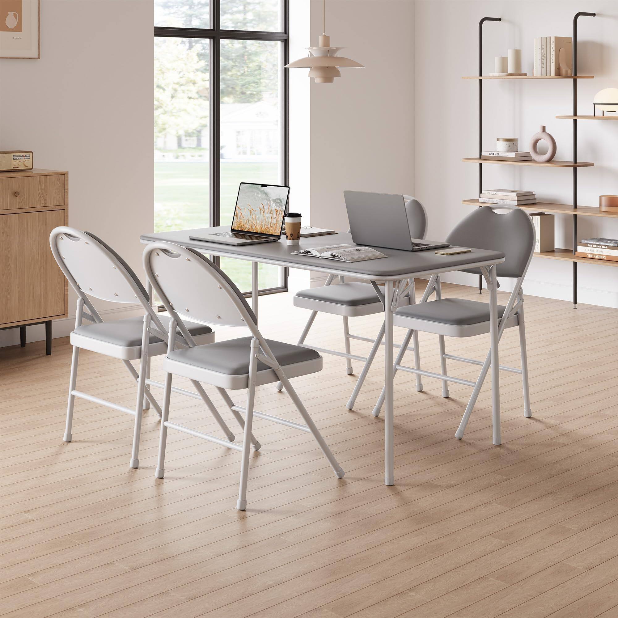 Back. Acekool - Folding Chairs 2 Pack with PU Leather Padded Cushion, Metal Commercial Stackable Guest Chairs - Gray.