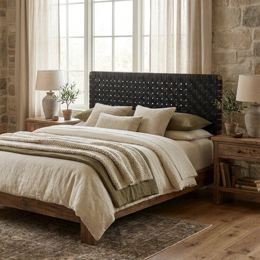 Angle. FurniFact - Vegan Leather King Headboard with Woven Texture and Durable Frame - Black.