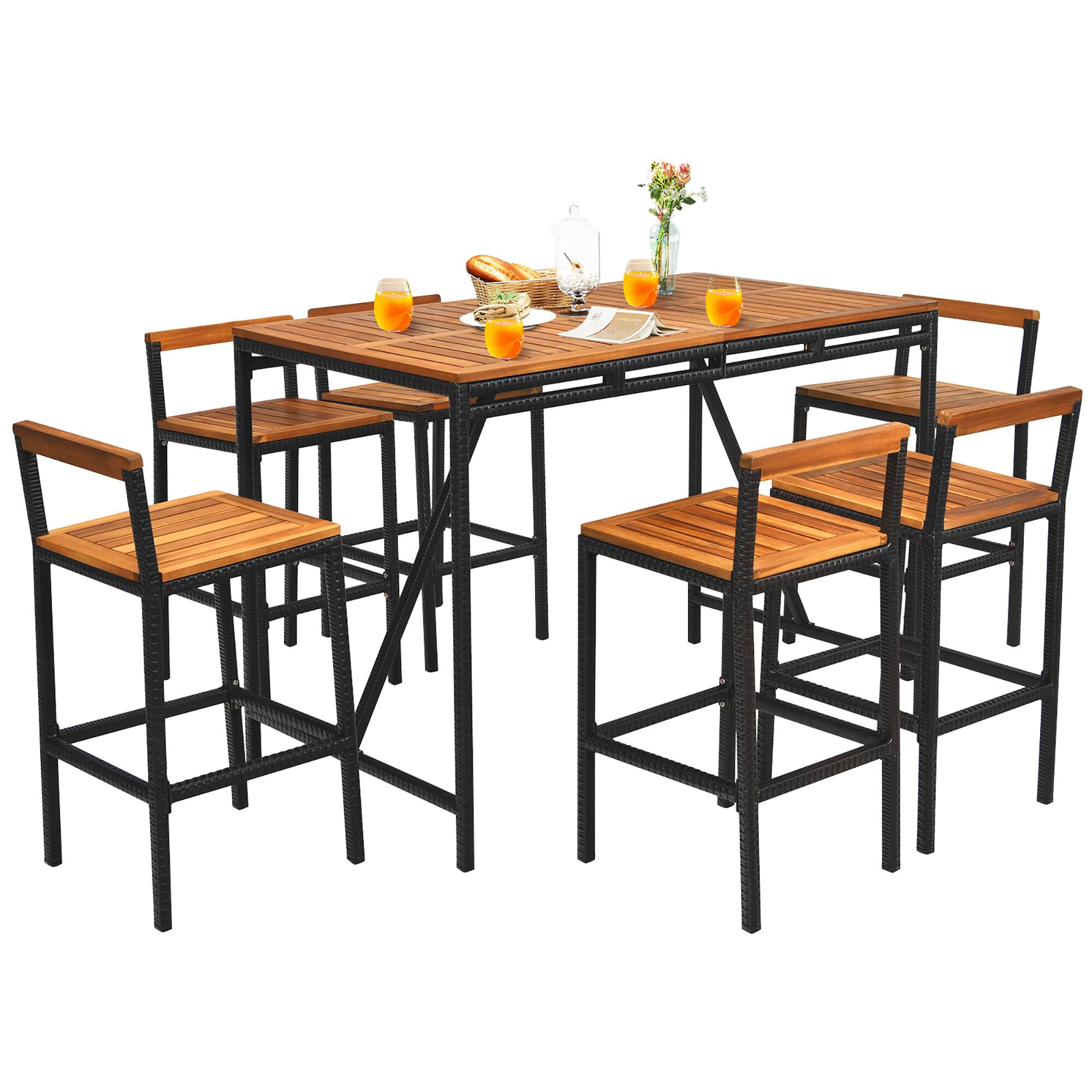 Alt View 9. Costway - Costway 7PCS Patio Rattan Bar Set Acacia Wood Frame Stools Table Umbrella Hole - See picture.