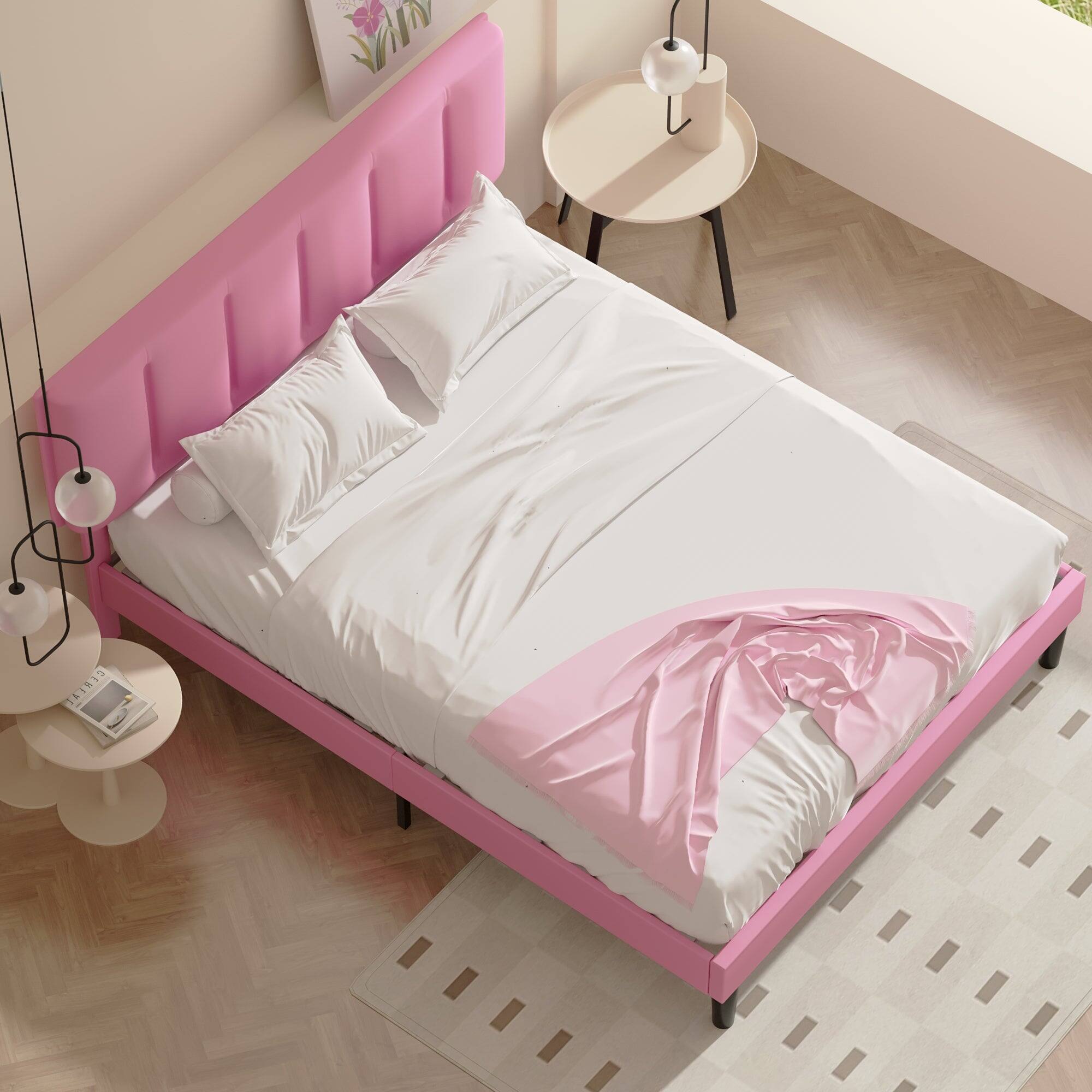Alt View 2. Vecelo - Queen Upholstered Bed with Adjustable Headboard & 7.9" Underbed Storage - Quiet Slat Metal Platform Bed,Fabric Frame - Pink.