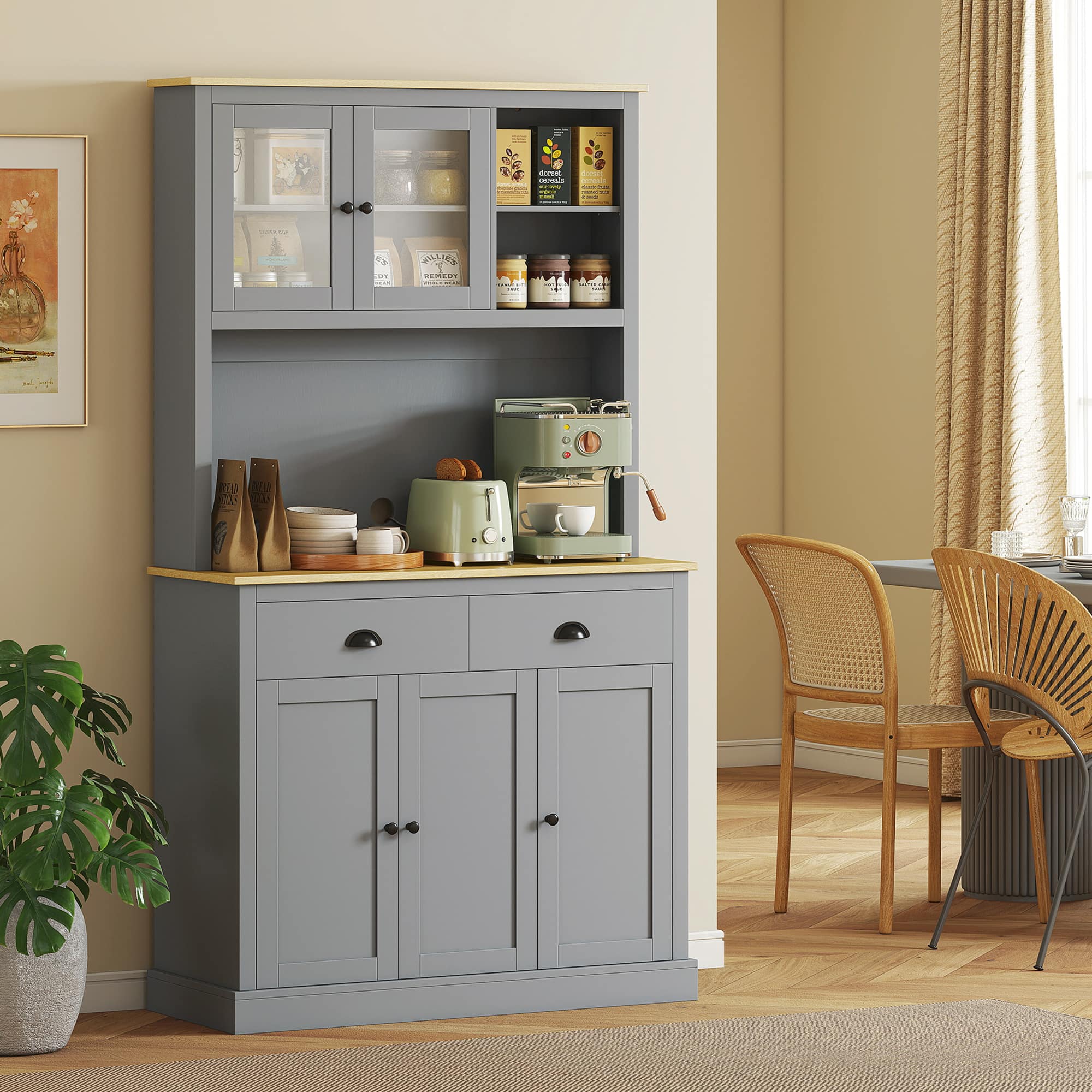 Homcom - Kitchen Cabinet, 71" Tall Pantry Cabinet, Modern Hutch with Wide Countertop - Gray