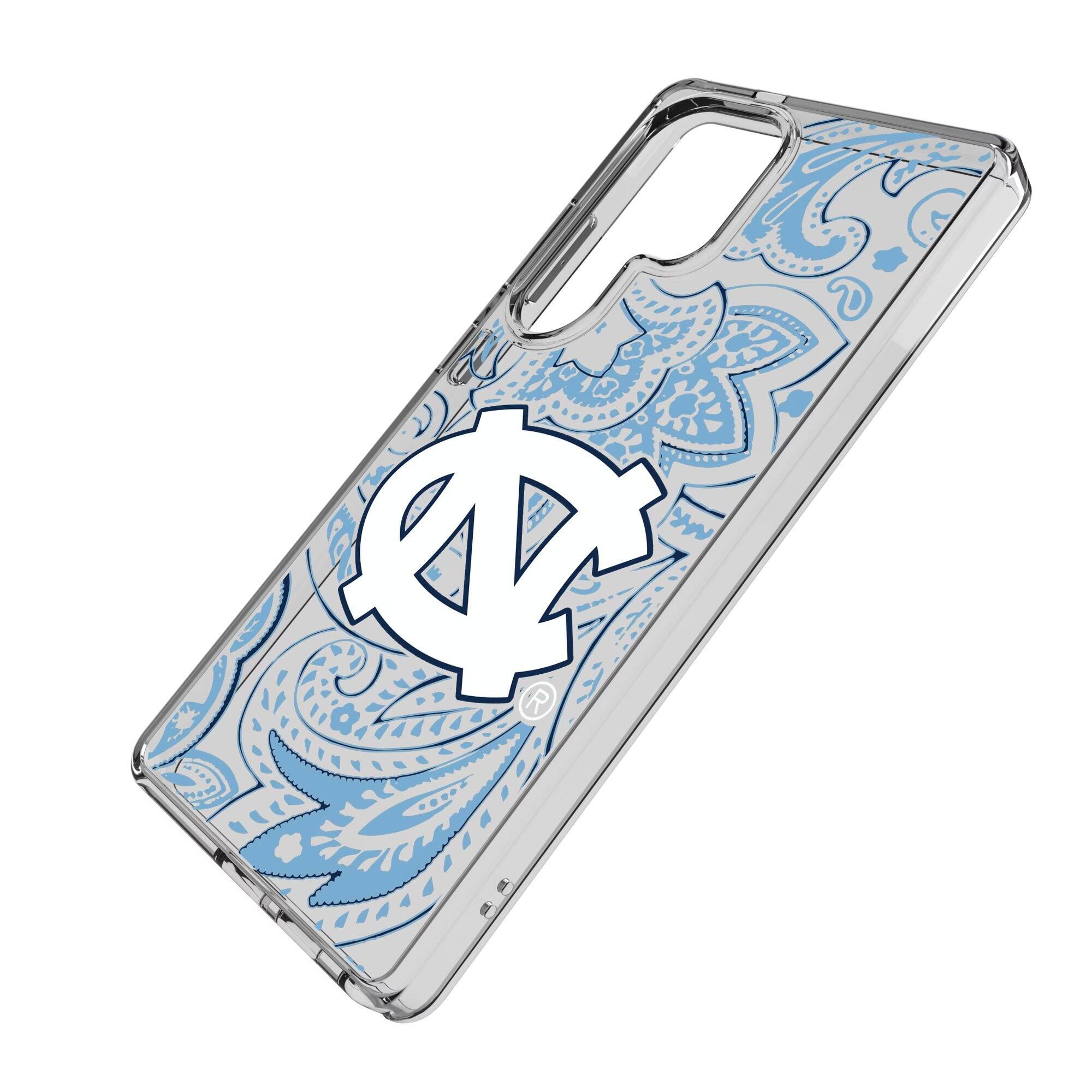Alt View 1. Keyscaper - North Carolina Tar Heels Paisley Galaxy Clear Case - S24 Ultra - Multicolor.