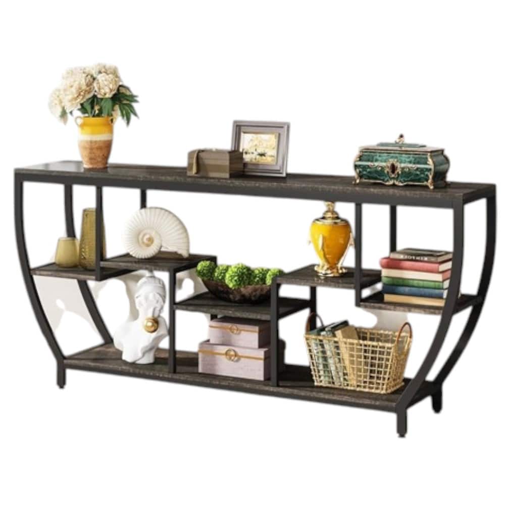 Hivvago - Modern Industrial 70-inch Long Narrow Console Sofa Table with Wood Shelves - Black