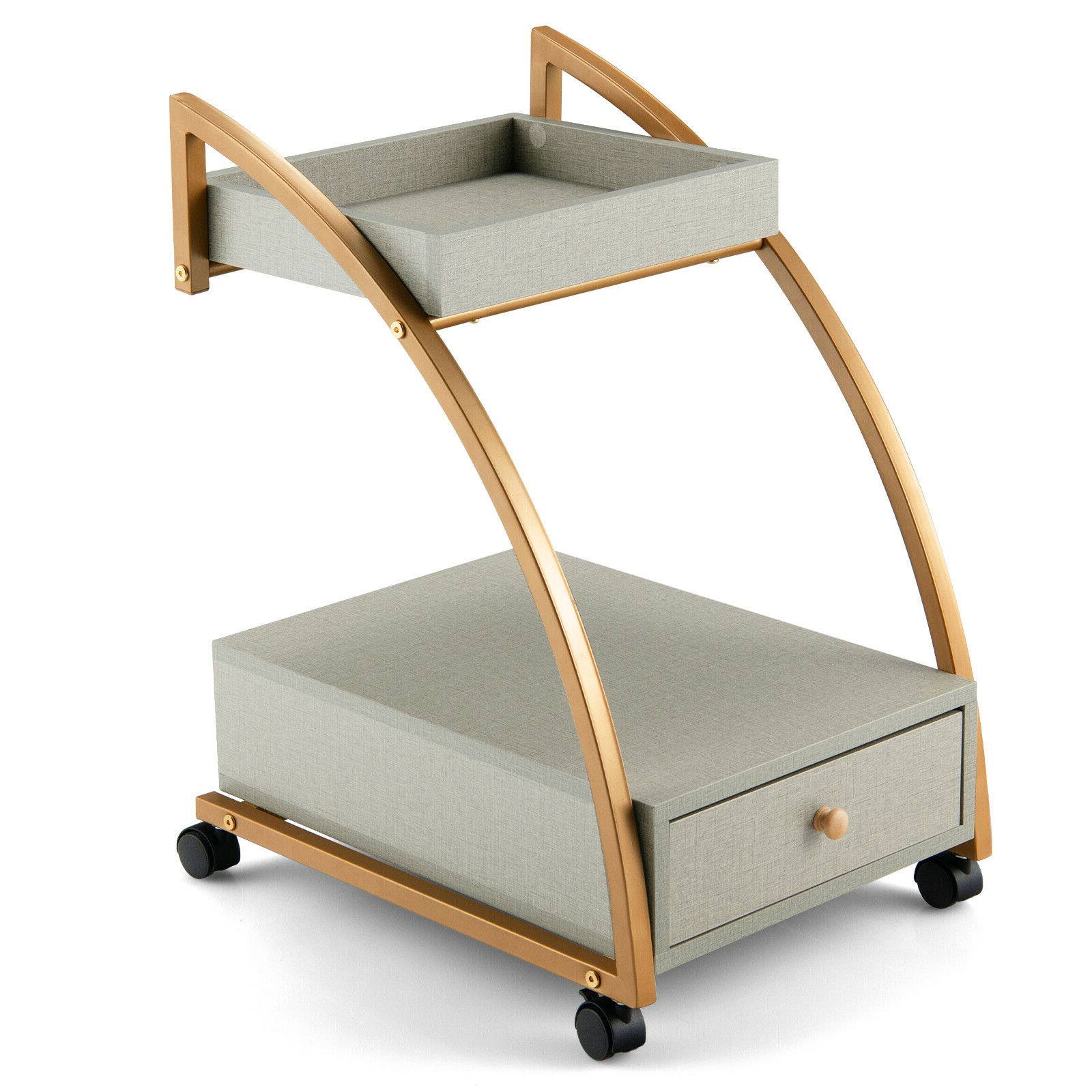 Front. Sugift - Modern 2-Tier Rolling End Table with Tray Top and Pull-Out Drawer - Grey.