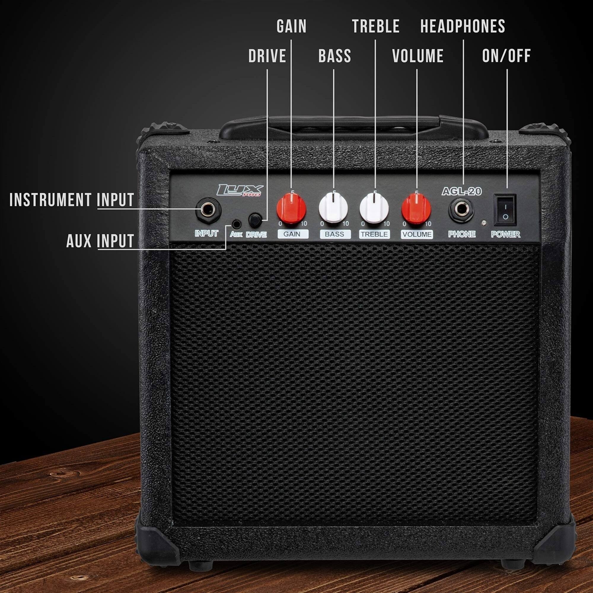 GAIN TREBLE HEADPHONES DRIVE BASS VOLUME ON/OFF INSTRUMENT INPUT AUX INPUT AGL-20 - IMPUT Cadra d 3 GAIN D 0 BASS a 10 4 0 TREBLE VOLUME PHONE POWER