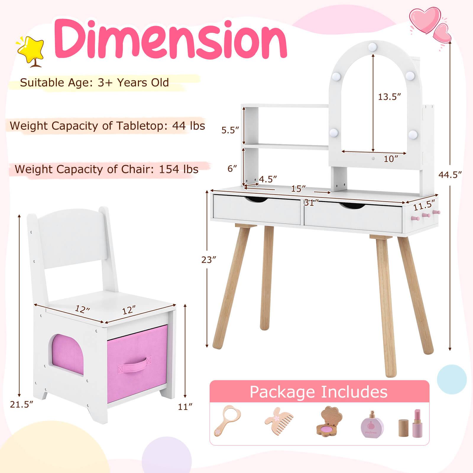 Sure, here is the corrected and grouped text from the image:

---

**Dimension**

- **Suitable Age:** 3+ Years Old

- **Weight Capacity of Tabletop:** 44 lbs

- **Weight Capacity of Chair:** 154 lbs

---

**Dimensions:**

- Tabletop: 13.5" (height) x 10" (width) x 44.5" (depth)
- Chair: 21.5" (height) x 12" (seat width) x 12" (seat depth)
- Other measurements: 5.5", 6", 4.5", 15", 31", 11.5", 23", 11"

---

**Package Includes:**

- [Icons representing included items]

---