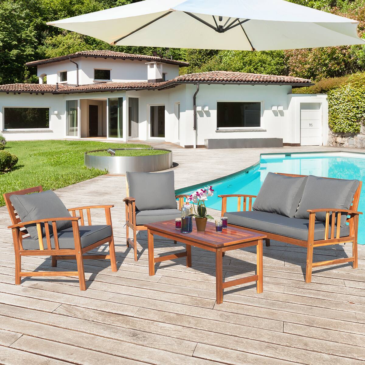 Alt View 1. Costway - Costway 4PCS Wooden Patio Furniture Set Table Sofa Chair Cushioned Garden NEW - gray.