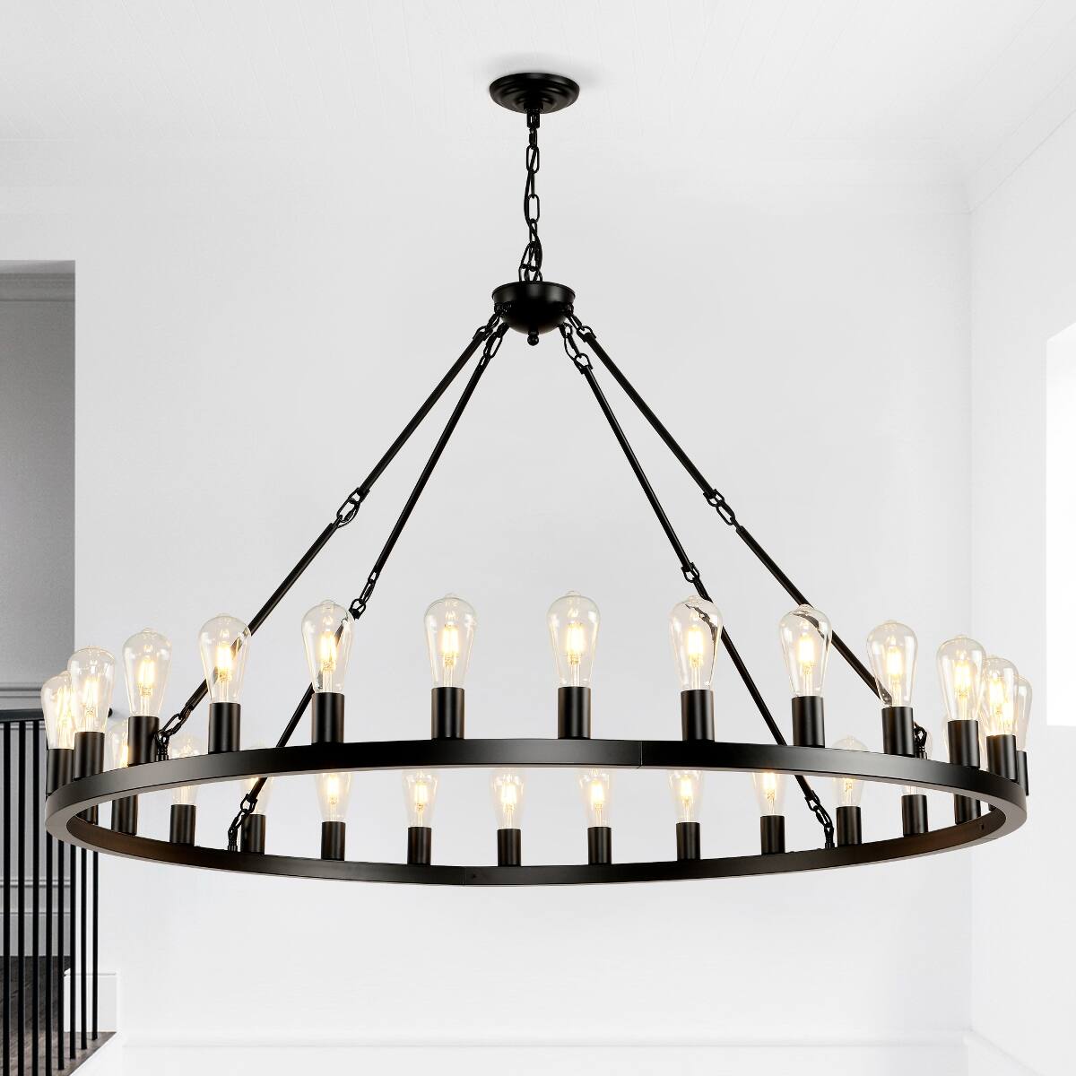 Front. Loheer - Loheer Large Wagon Wheel Chandelier, Matte Black Farmhouse Pendant Light for Dining Room and High Ceilings.