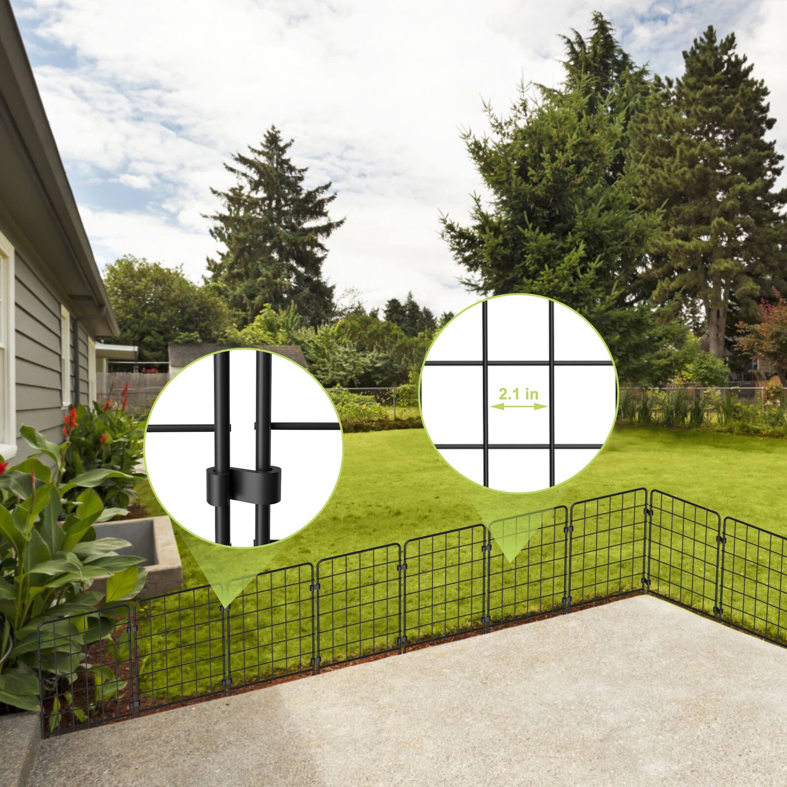 Back. Oumilen - 19-Pack Garden Metal Fence Border, 24in H x 13in W Per Panel Decorative Animal Barrier with Stakes for Yard Lawn.