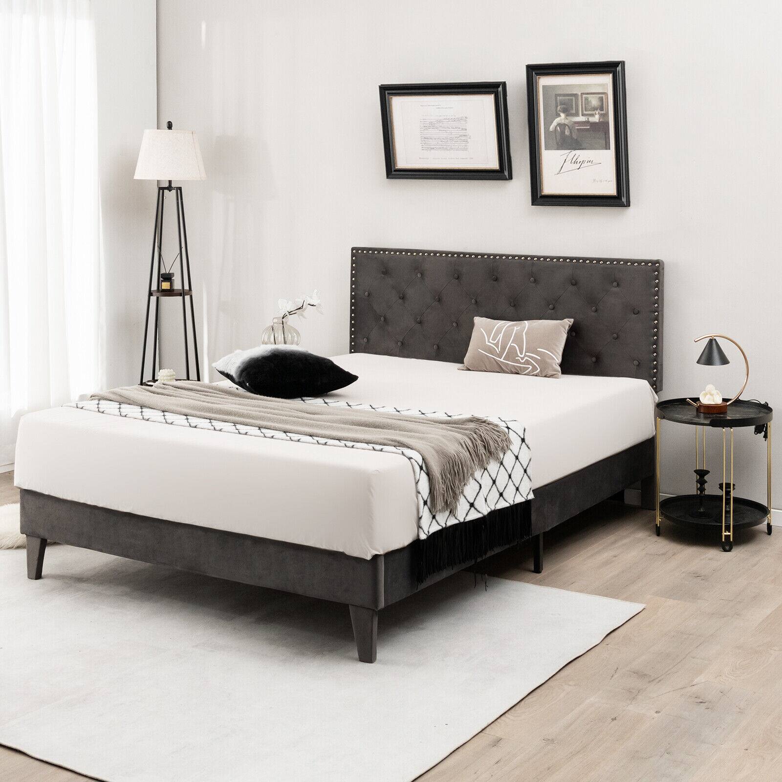 Alt View 4. LUCKY ONE - Queen Assembled Upholstered Platform Bed with Button Tufted Velvet Headboard 1000 lbs - Grey-Queen.
