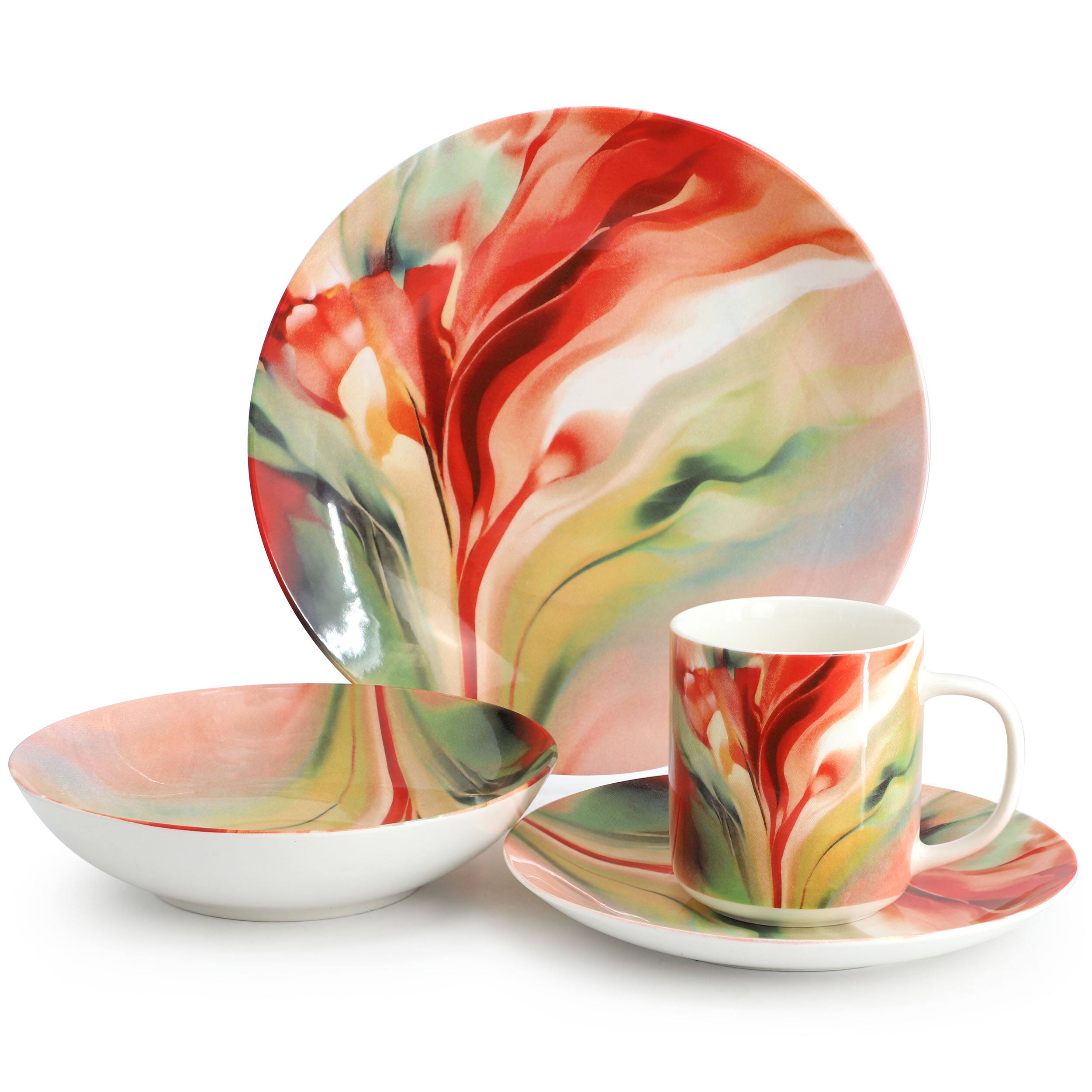 Alt View 1. Elama - Elama Autumn Storm 16 Piece Abstract Design Round Porcelain Dinnerware Set in Multicolor - Red, Orange, Green.