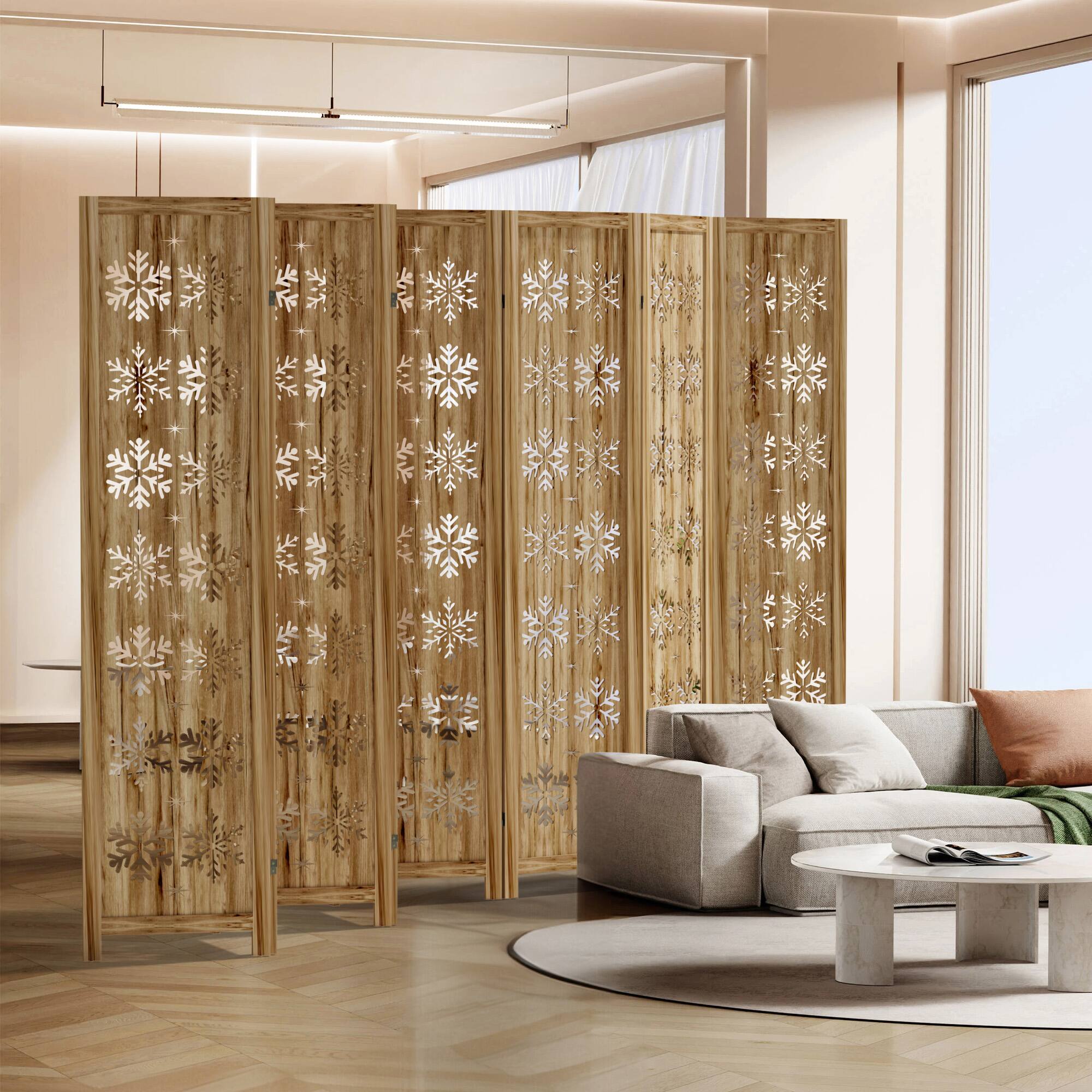 Alt View 1. PexFix - Room Divider, 8-Panel Freestanding Wood Screen, Snow Pattern, 67 in. H Folding Privacy Screen for Office, Bedroom - Natural.
