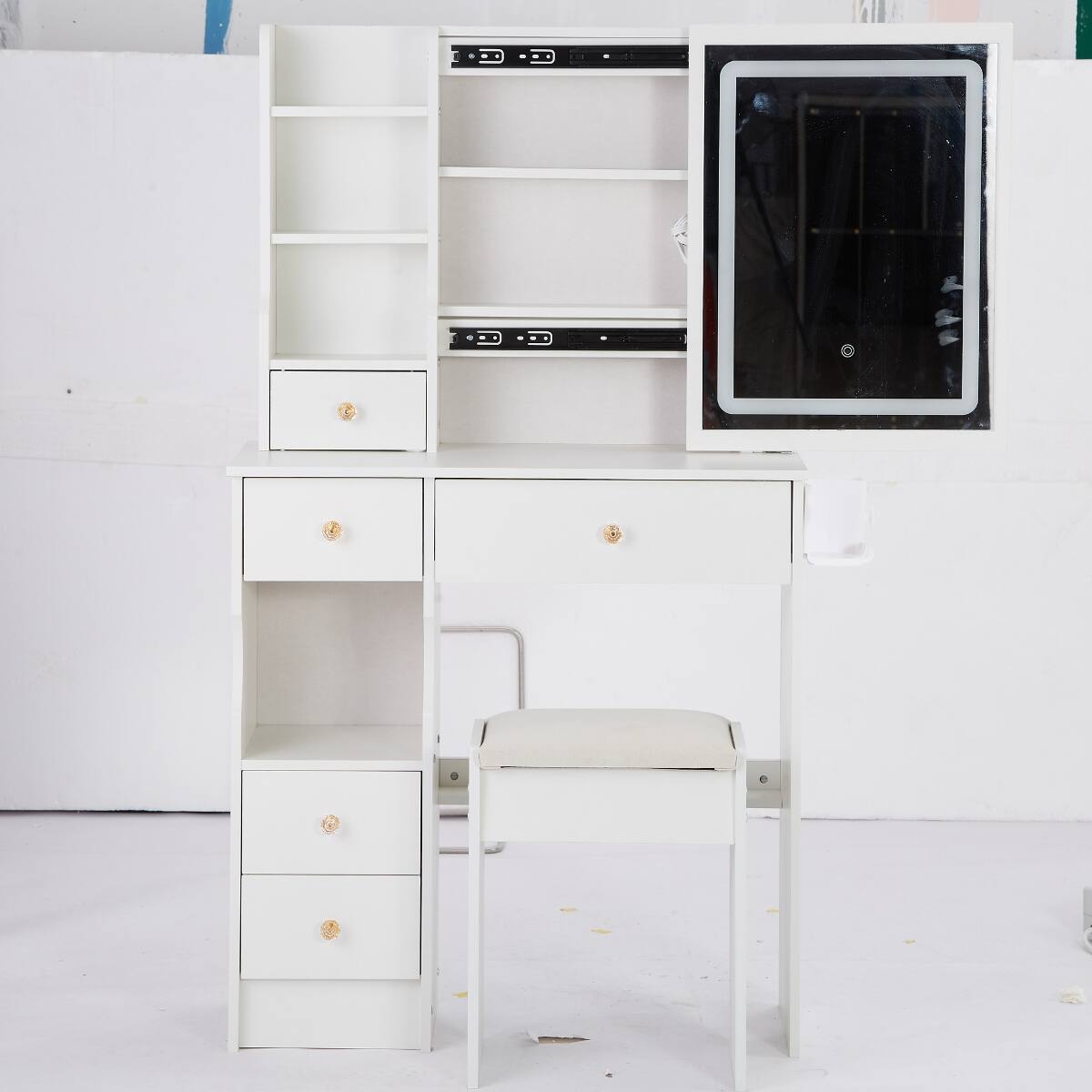 Alt View 6. Loheer - Loheer Vanity Table With LED Mirror, Small Space Design, Charging Station and Stool - White.