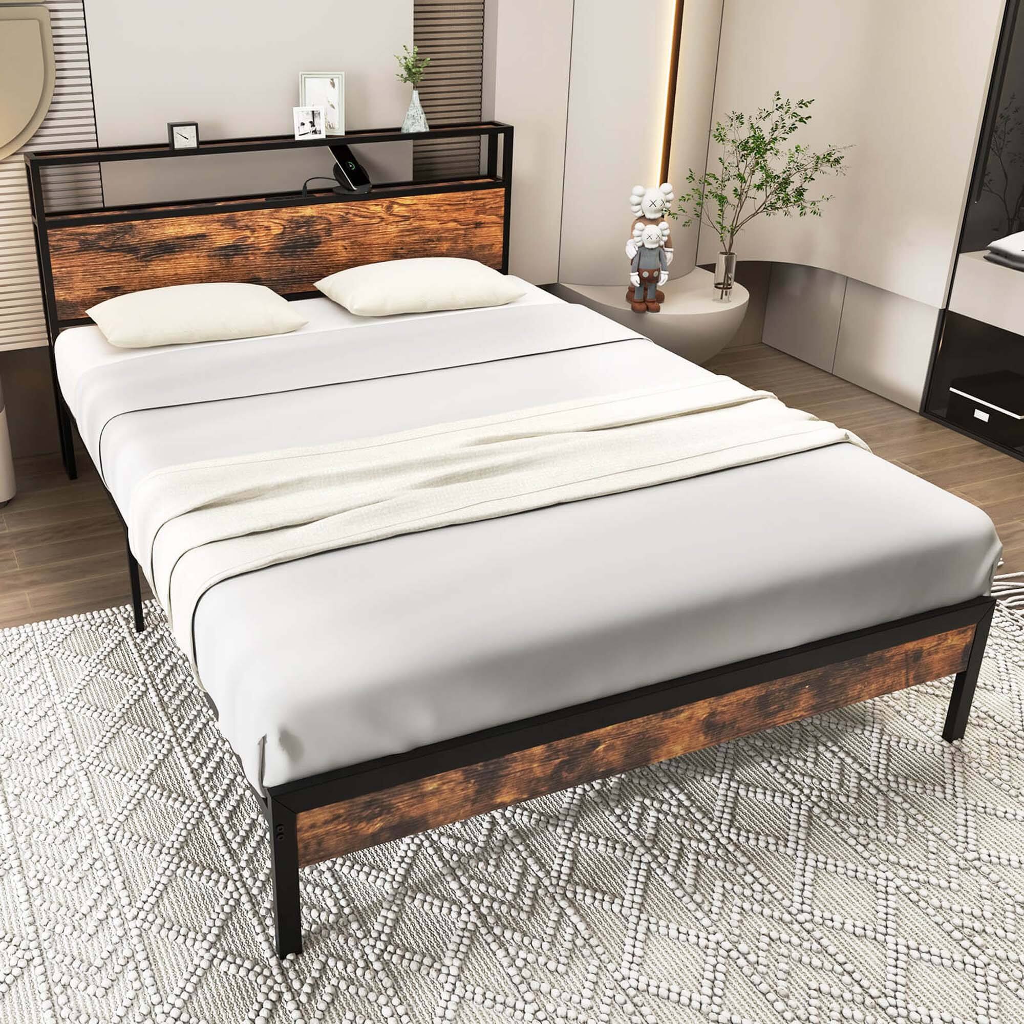 Alt View 3. Costway - Queen Bed Frame with Storage Headboard Charging Station 18W USB C Port Rustic - Brown.