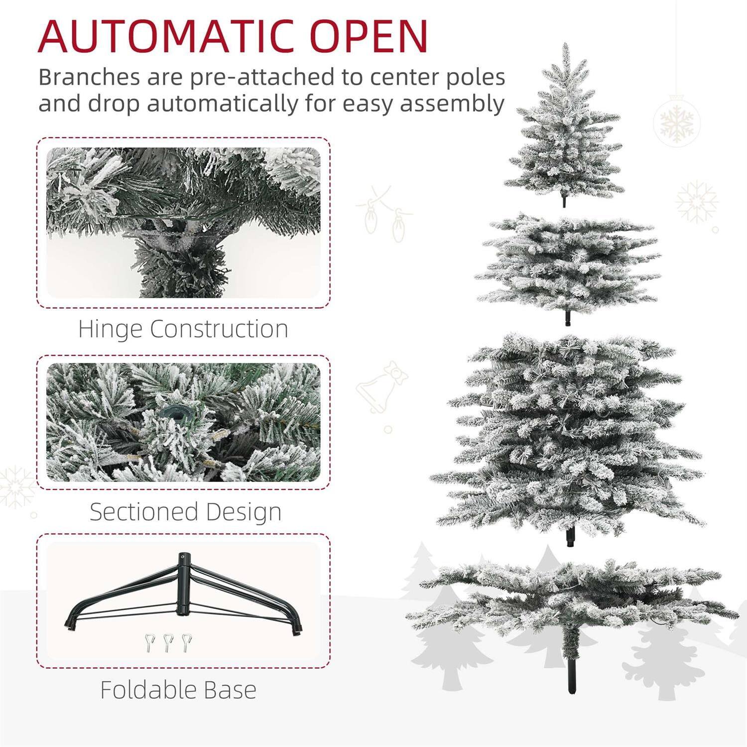**AUTOMATIC OPEN**

Branches are pre-attached to center poles and drop automatically for easy assembly

- Hinge Construction
- Sectioned Design
- Foldable Base