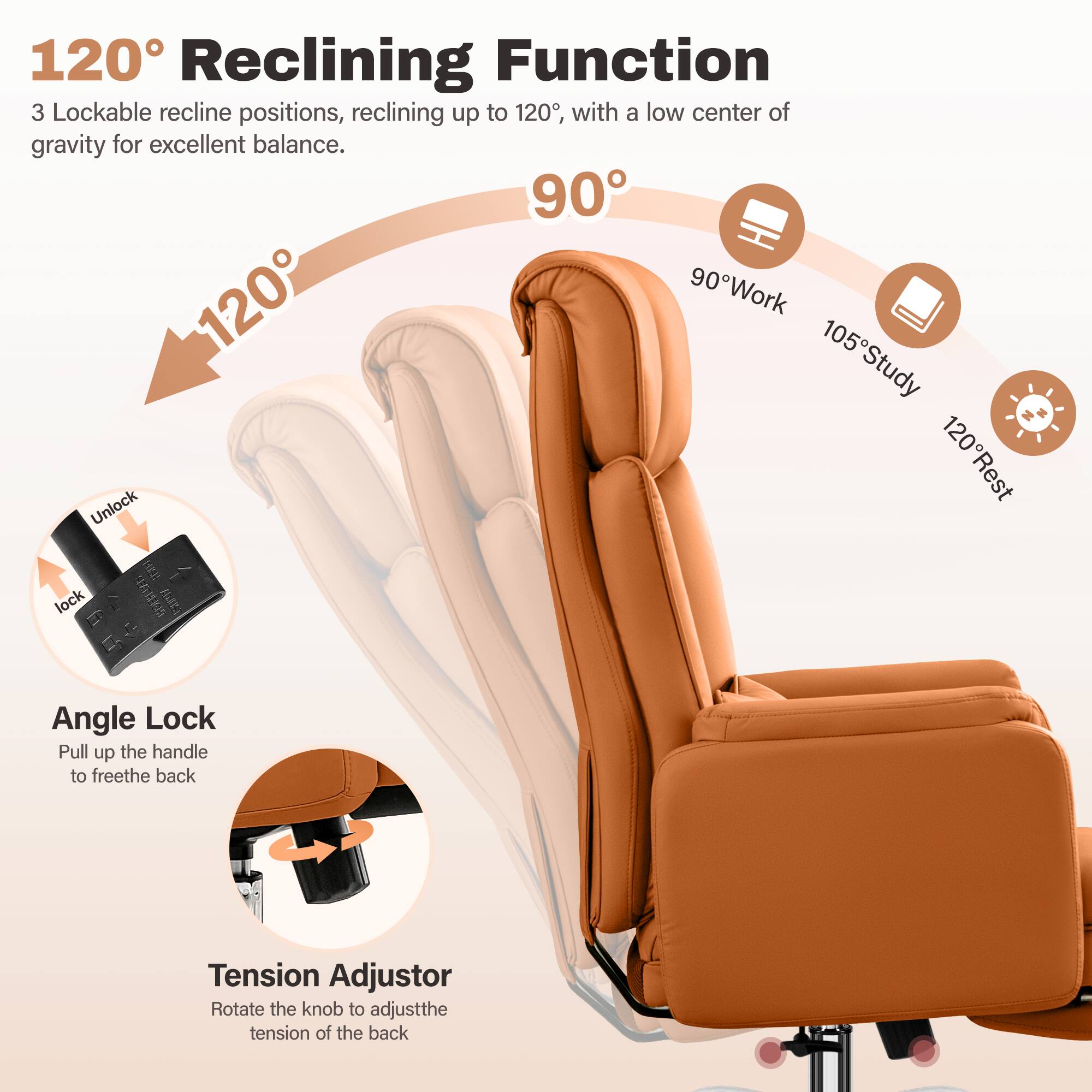 120° Reclining Function  
3 Lockable recline positions, reclining up to 120°, with a low center of gravity for excellent balance.  

90° Work  
105° Study  
120° Rest  

Angle Lock  
Pull up the handle to free the back  

Tension Adjustor  
Rotate the knob to adjust the tension of the back