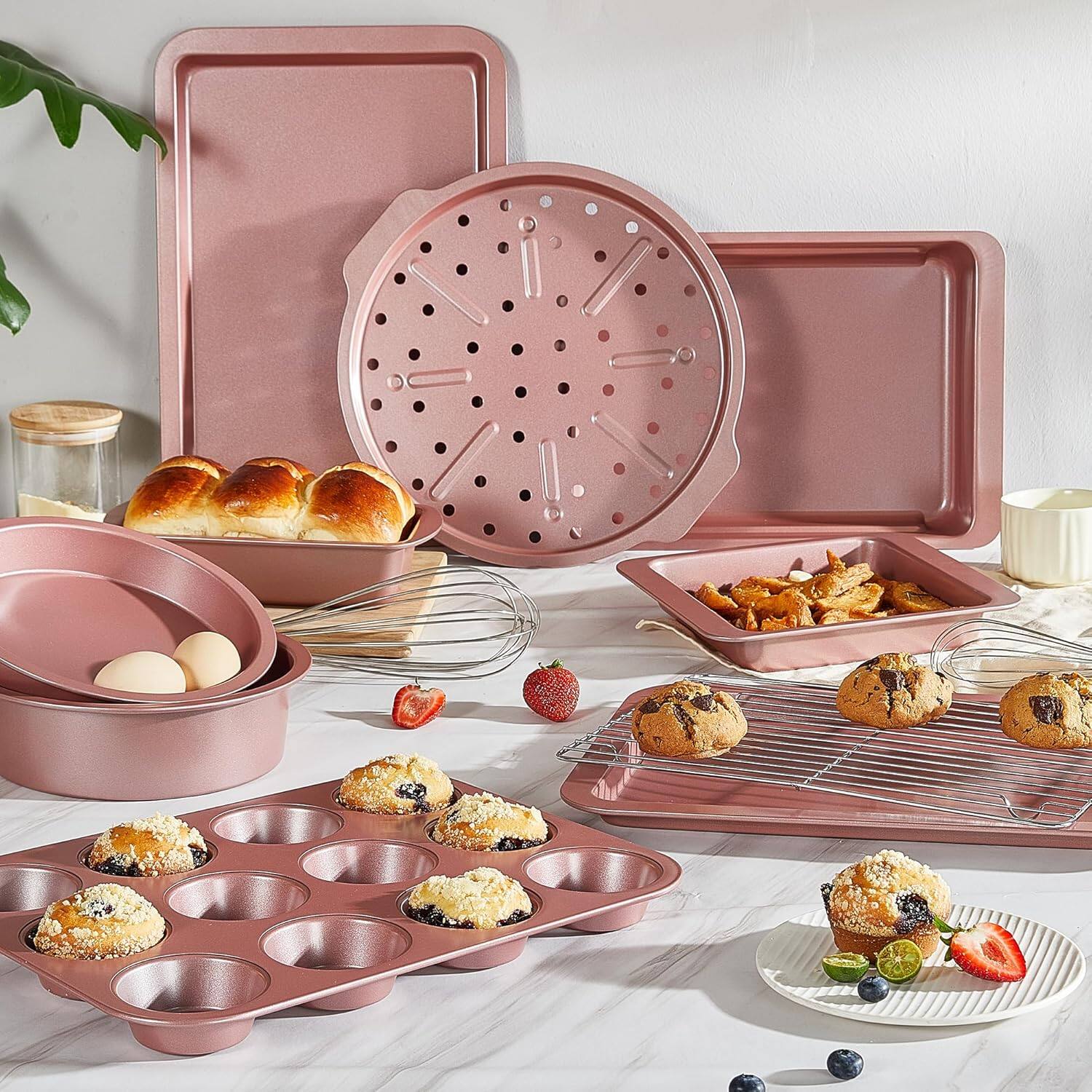 Alt View 1. HONGBAKE - 10 Pieces Bakeware Sets Including Rack, Cookie Sheet, Cake Pans, Loaf Pan, Muffin Pan, Pizza Pan - Pink.
