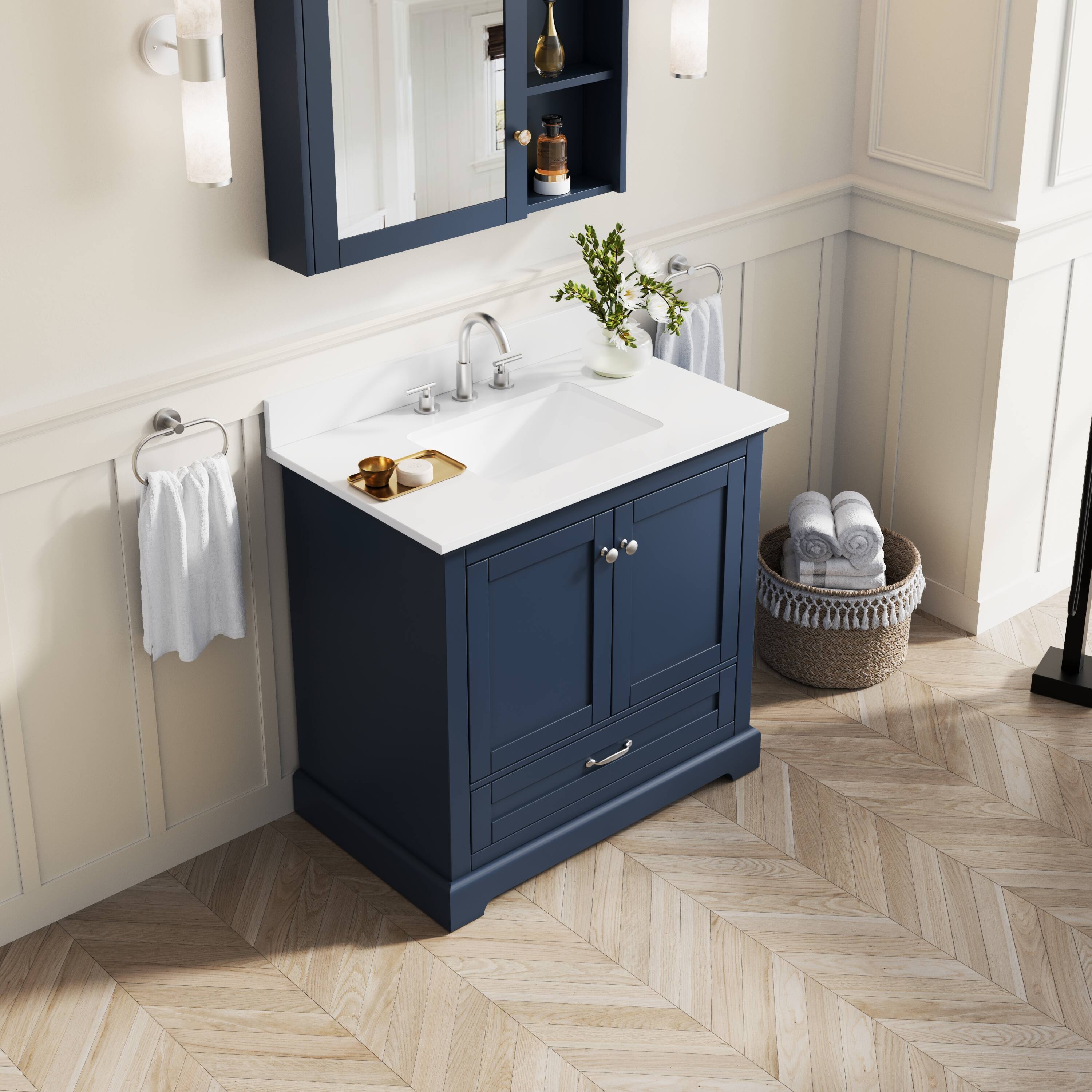 Angle. WELLFOR - LVD 36 in. Solid Wood Single Sink Freestanding Bath Vanity with Culutered Marble Top, Assembled - Navy Blue.