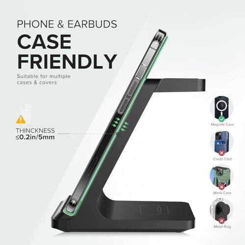 PHONE & EARBUDS CASE FRIENDLY  
Suitable for multiple cases & covers!  
THICKNESS <0.2in/5mm  
Magsafe Case x Credit Card x Metal Case x Metal Ring
